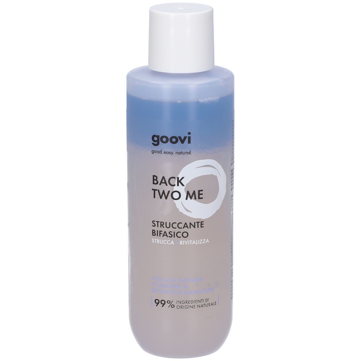 GOOVI STRUCCANTE BIFASICO200ML. Flacone con tappo bianco, contenuto bicolore. Testo: BACK TWO ME, STRUCCANTE BIFASICO. 99% ingredienti di origine naturale.