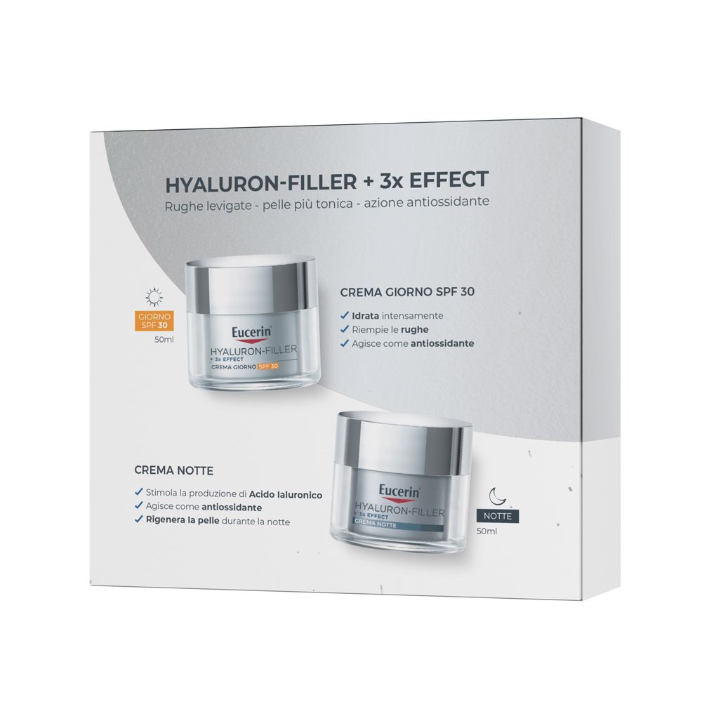 Cofanetto regalo con due creme. Scritta: Eucerin Hyaluron-Filler + 3x Effect. Crema Giorno SPF 30 e Crema Notte.
