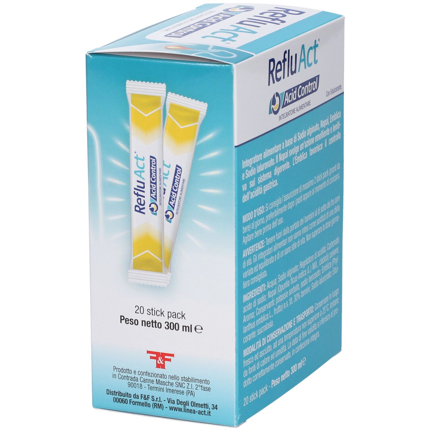 Scatola da 20 stick. Scritta RefluAct Acid Control. Peso netto 300 ml. Informazioni del produttore.