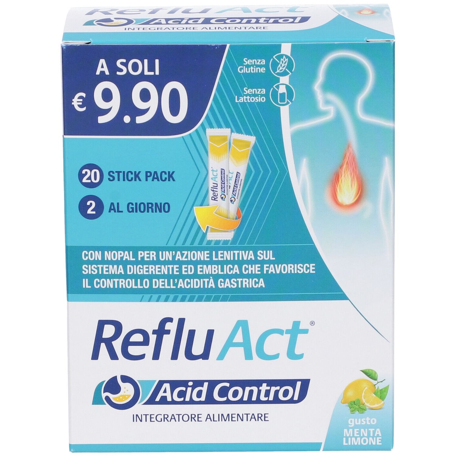 Scatola da 20 stick. Scritta RefluAct Acid Control, prezzo 9,90 €. Contiene simboli senza glutine e senza lattosio. Gusto limone-menta.