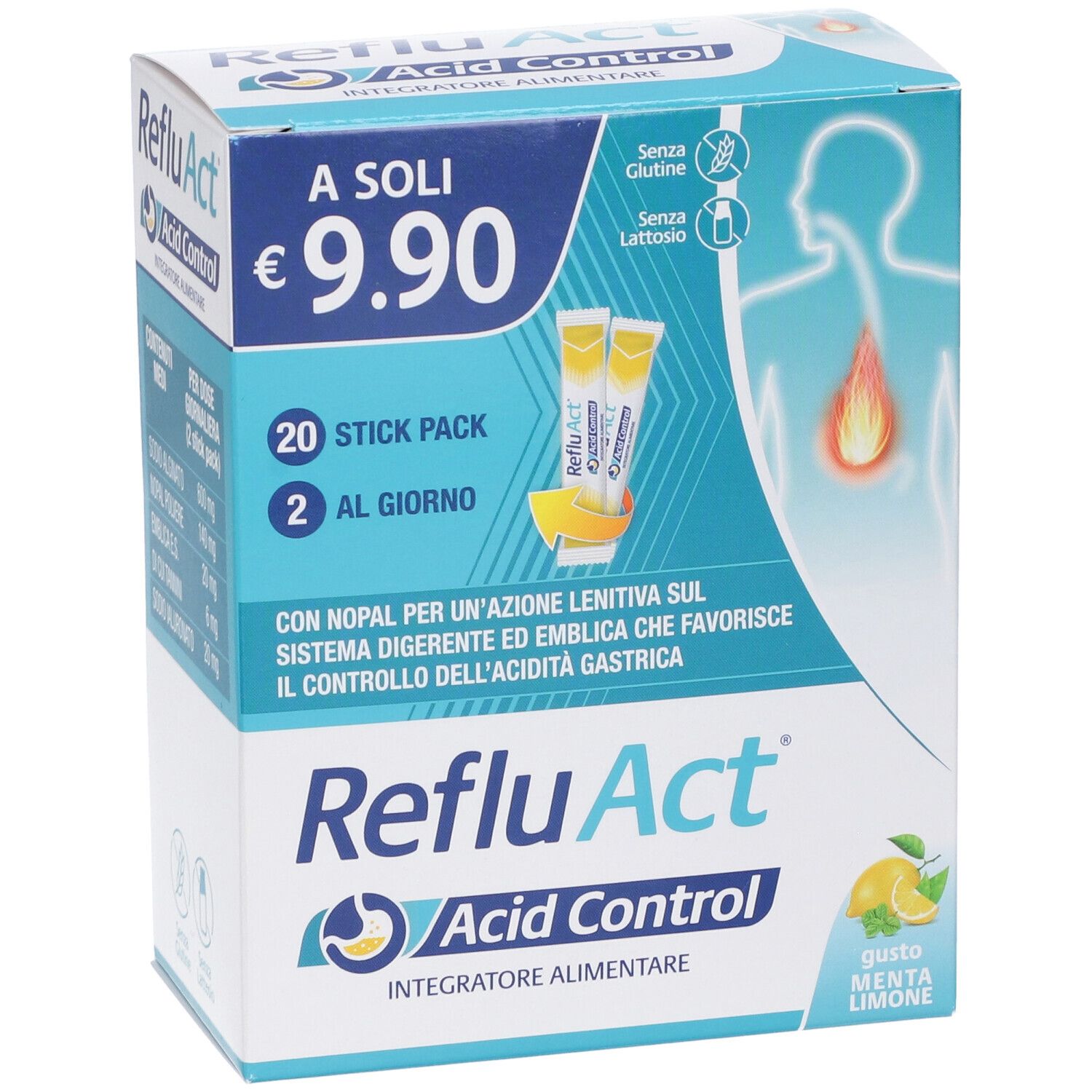 Scatola da 20 stick. Scritta RefluAct Acid Control, prezzo 9,90 €. Contiene simboli senza glutine e senza lattosio. Gusto limone-menta.