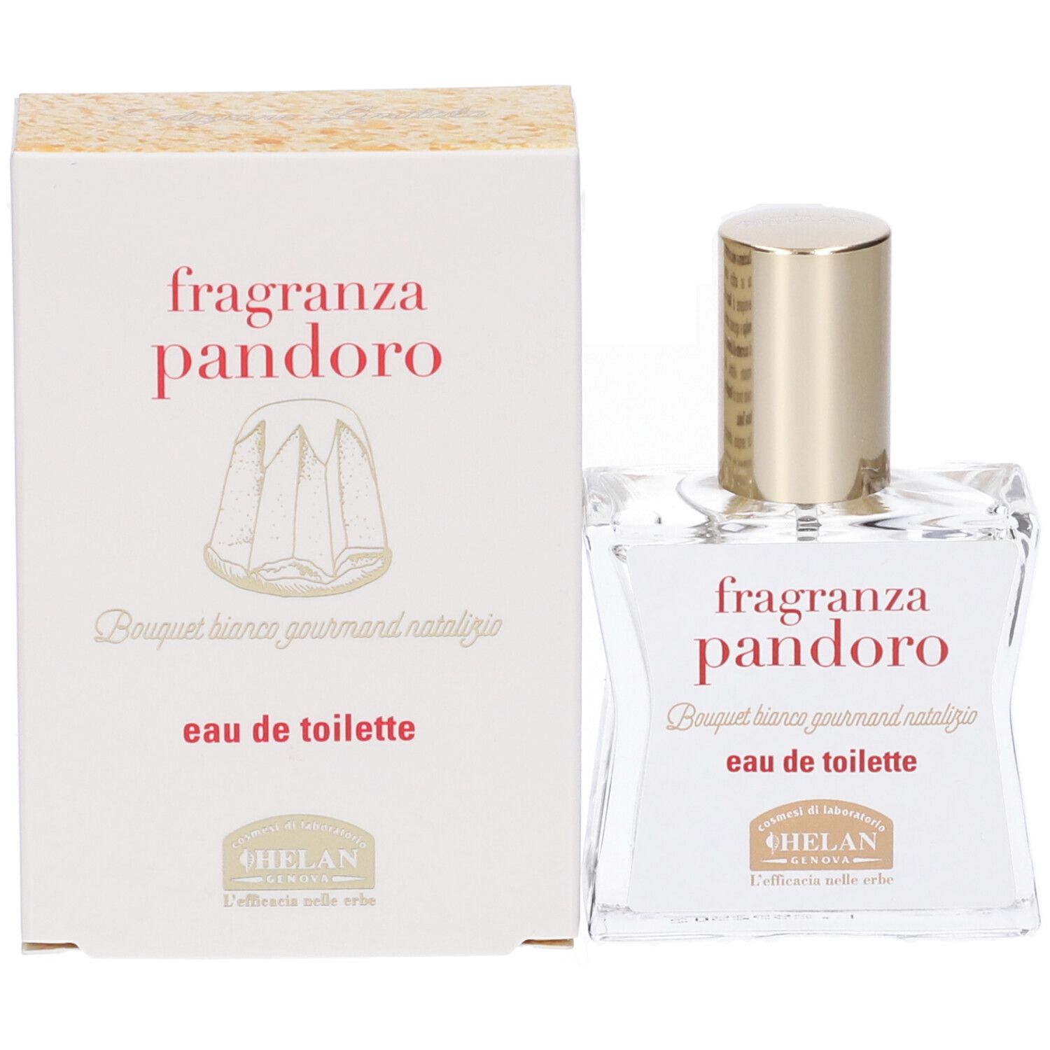 Flacone di profumo e confezione. Scritta: fragranza pandoro, eau de toilette. Confezione con illustrazione di Pandoro.