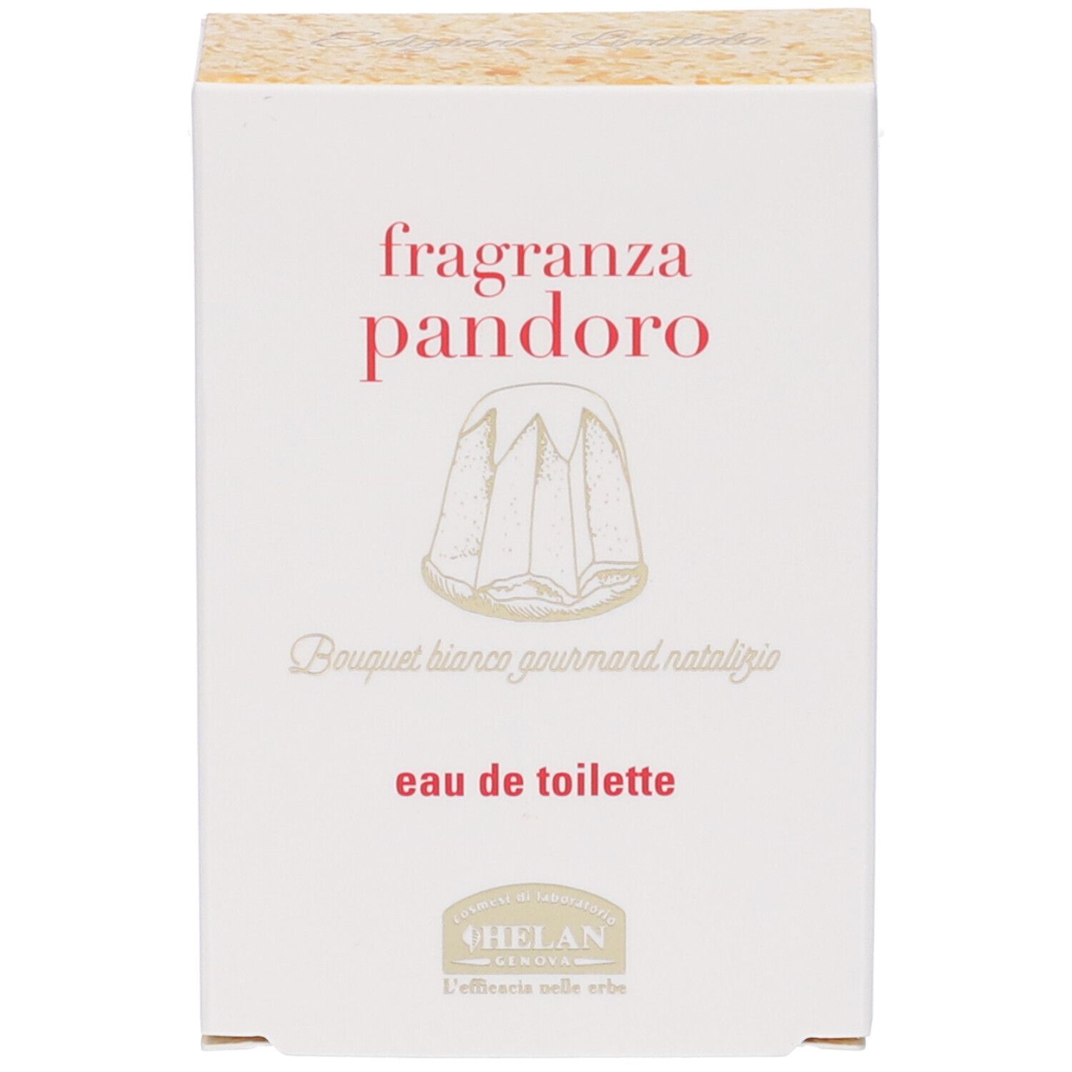 Confezione bianca con scritta: fragranza pandoro, eau de toilette. Illustrazione di Pandoro.