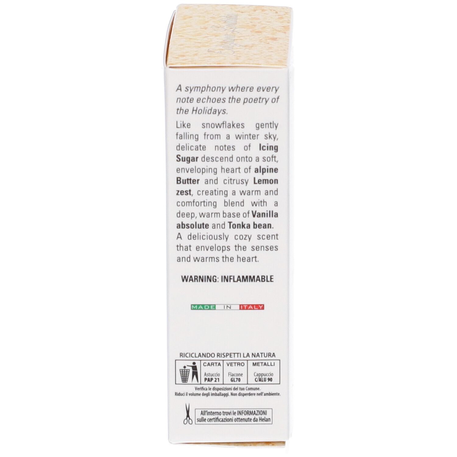 Testo sulla confezione. Descrizione della fragranza. Avvertenza: Infiammabile. Made in Italy.