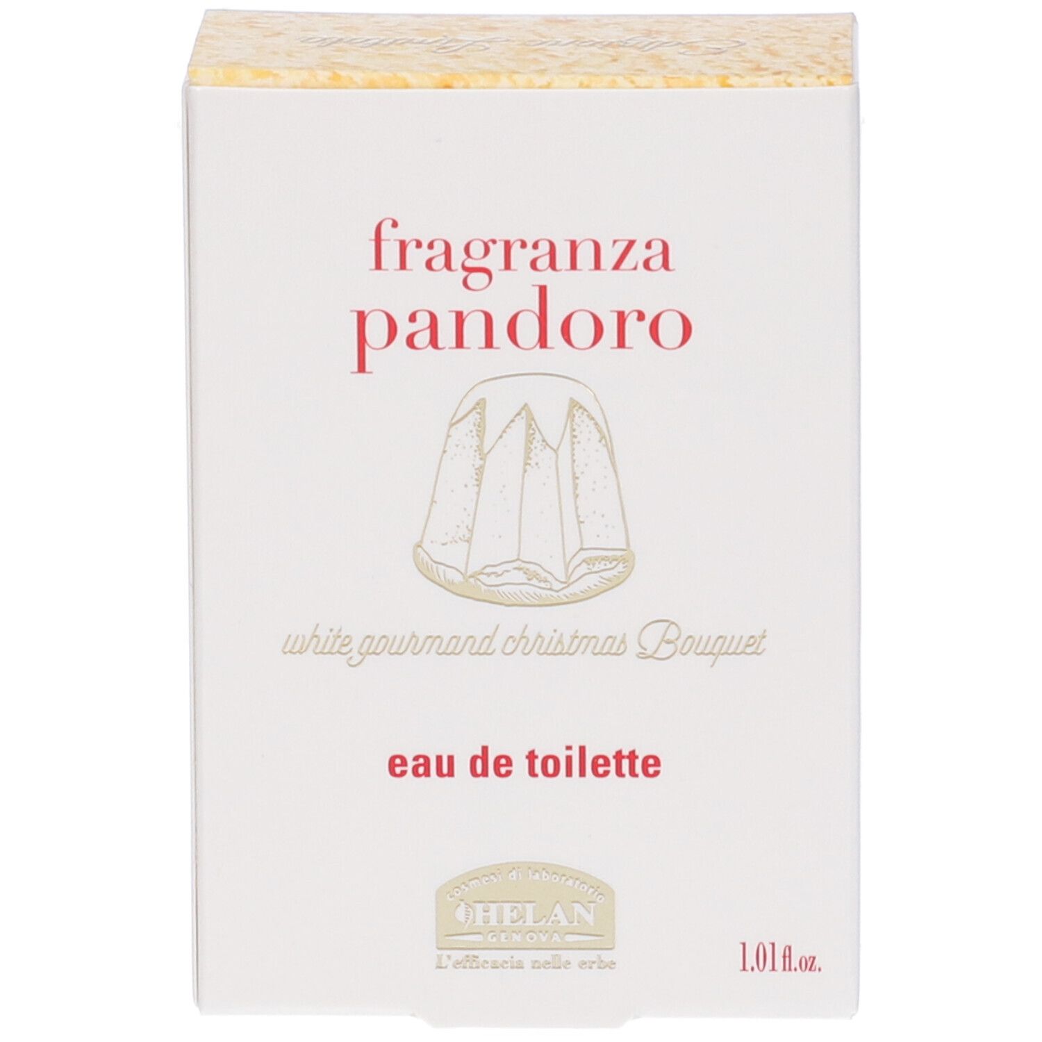 Confezione bianca con scritta: fragranza pandoro, eau de toilette. Illustrazione di Pandoro.