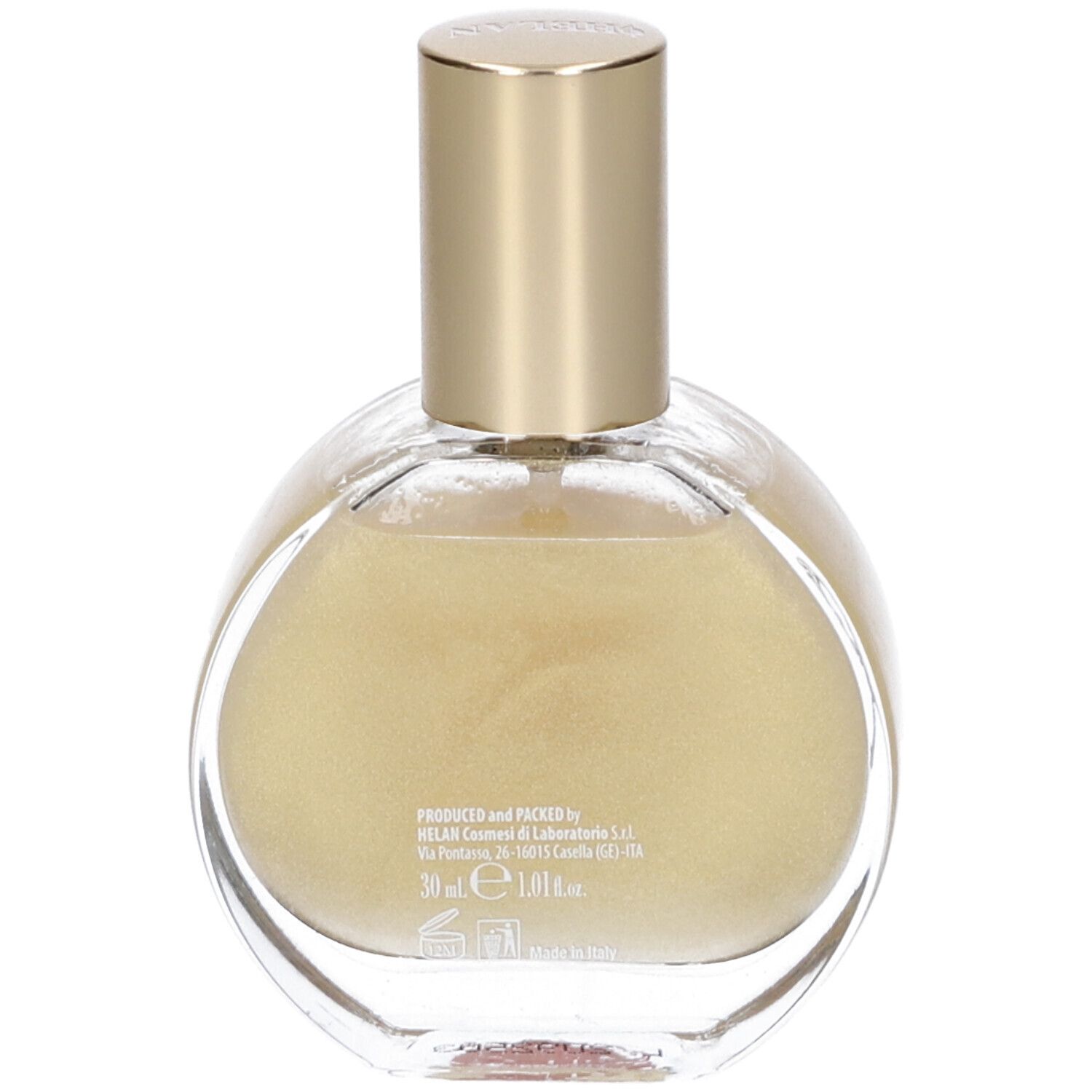 Flacone rotondo in vetro con tappo dorato. Scritta sul retro. Marchio: HELAN. Volume: 30 ml.
