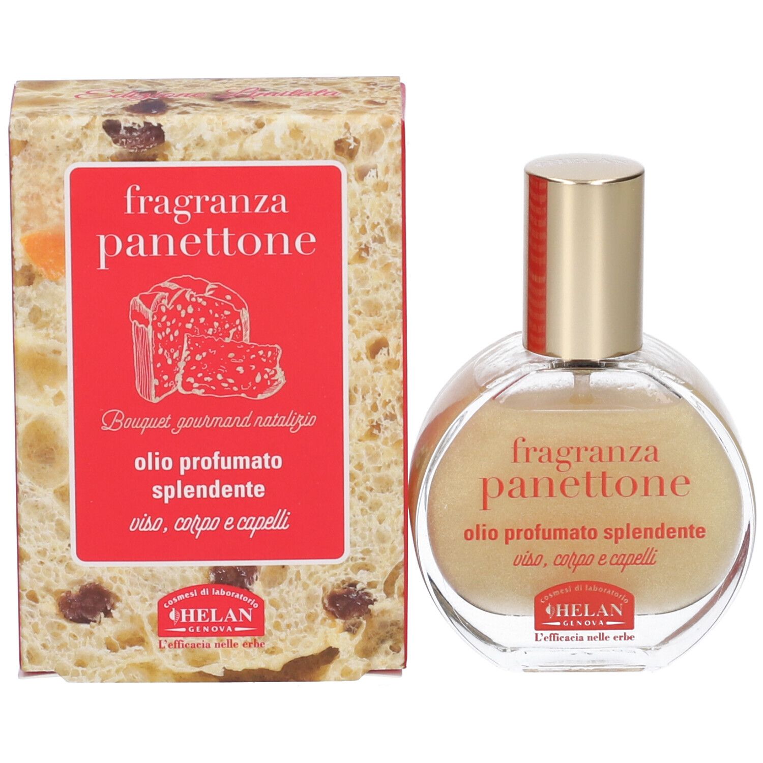 Flacone del prodotto accanto alla confezione in cartone. Scritta: fragranza panettone, olio profumato splendente, viso, corpo e capelli. Marchio: HELAN.