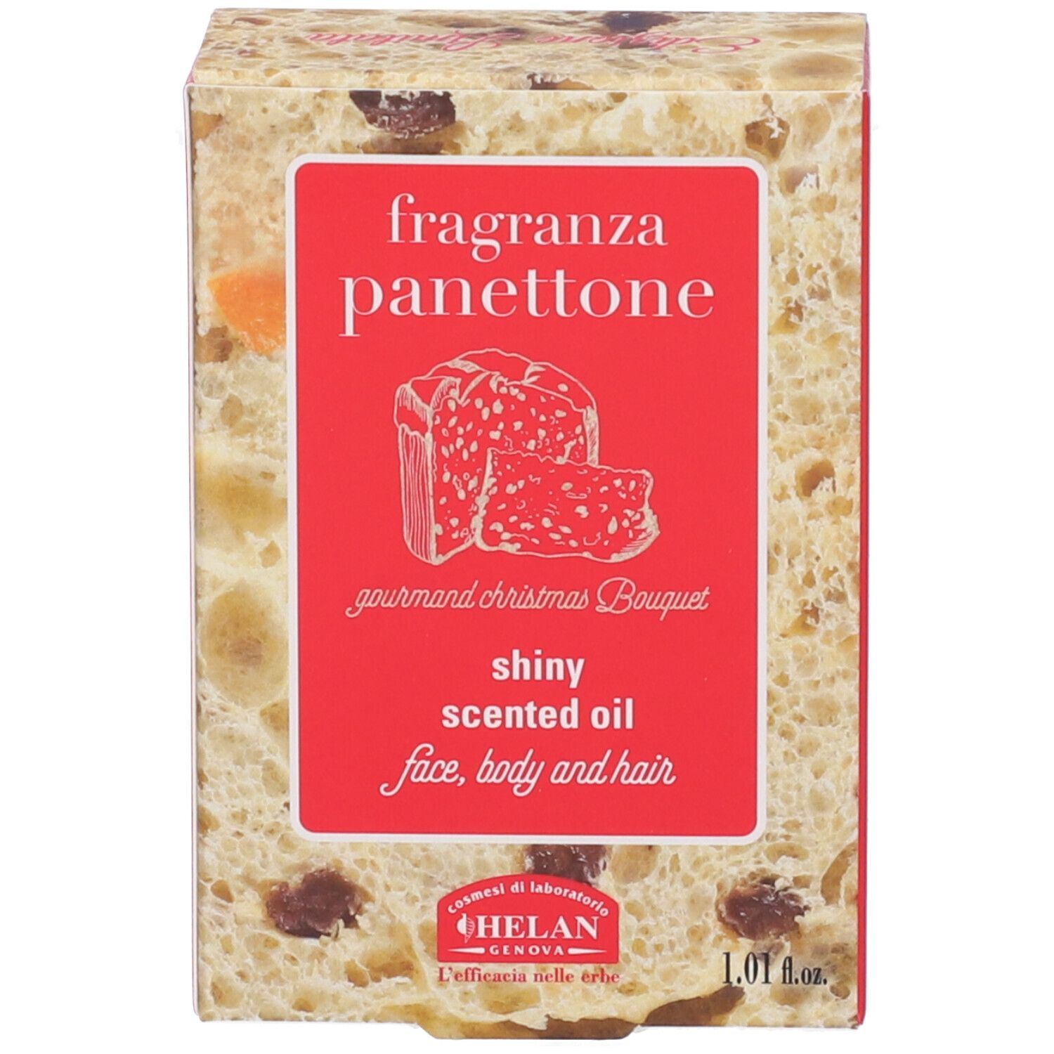 Confezione in cartone con scritta: shiny scented oil, face, body and hair. Marchio: HELAN. Volume: 1.01 fl.oz.