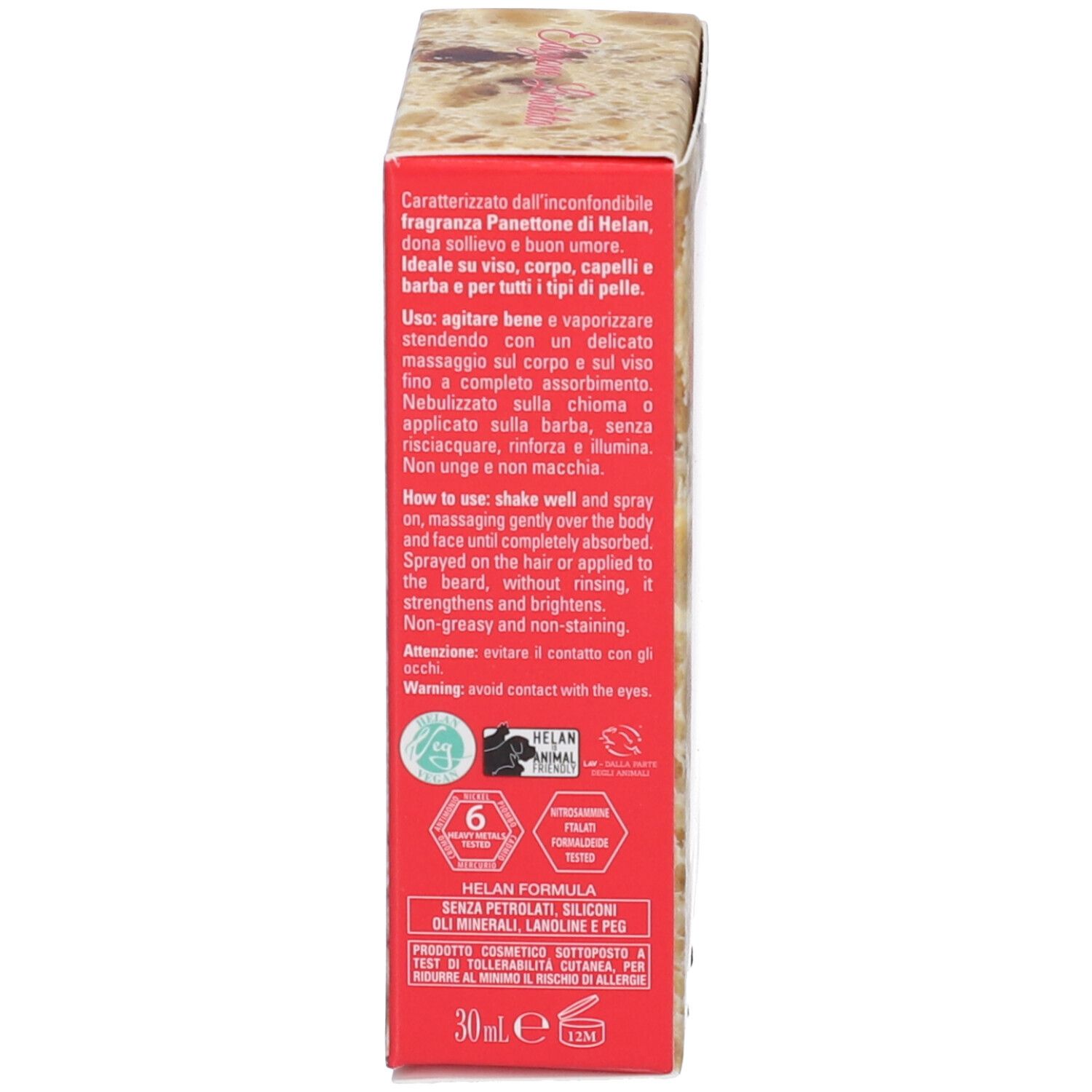 Confezione in cartone, lato con testo. Contiene informazioni sull'uso e avvertenze. Marchio: HELAN. Volume: 30 ml.