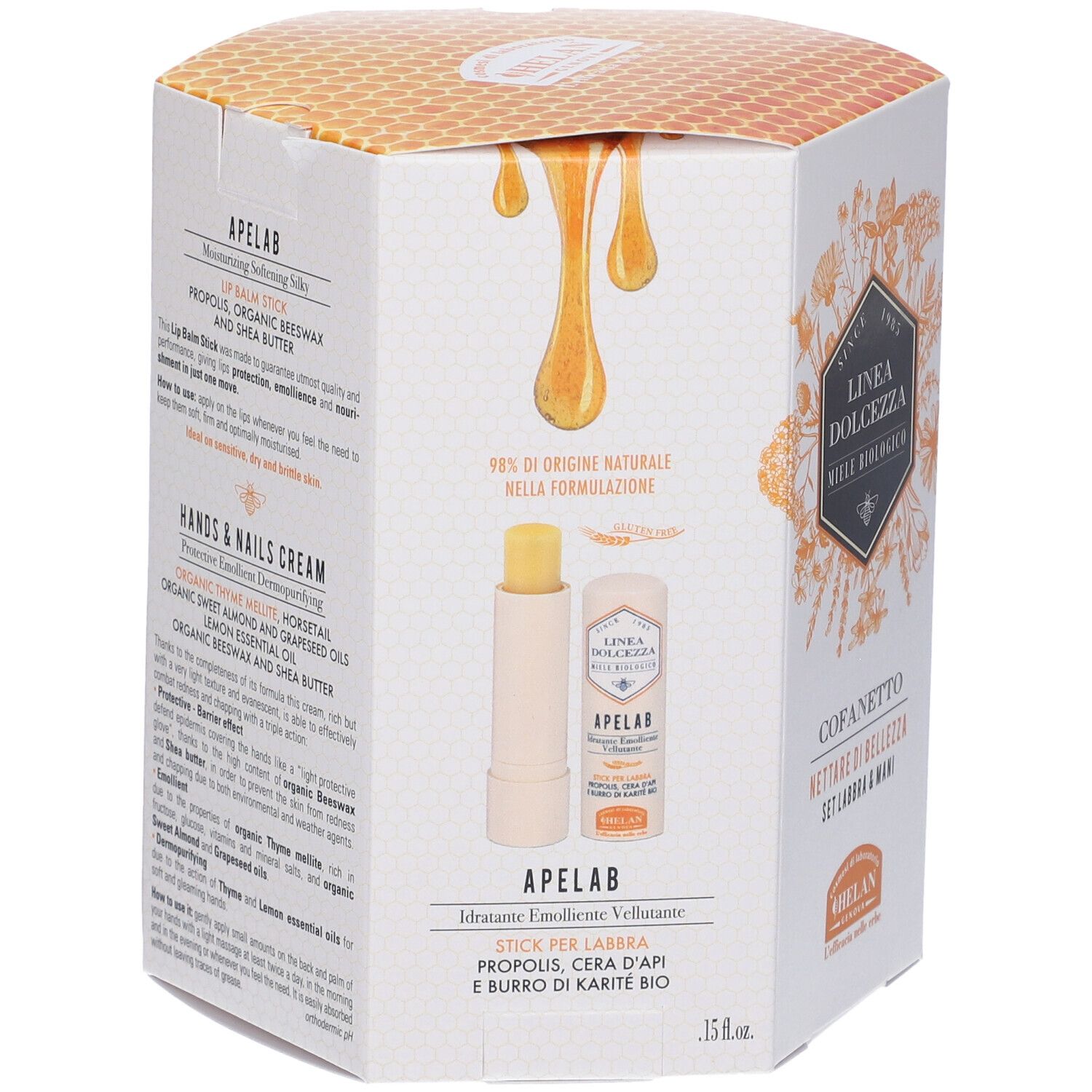 Confezione regalo esagonale. Contiene balsamo labbra e crema mani. Scritta: Apelab, Stick per labbra. 98% ingredienti naturali.