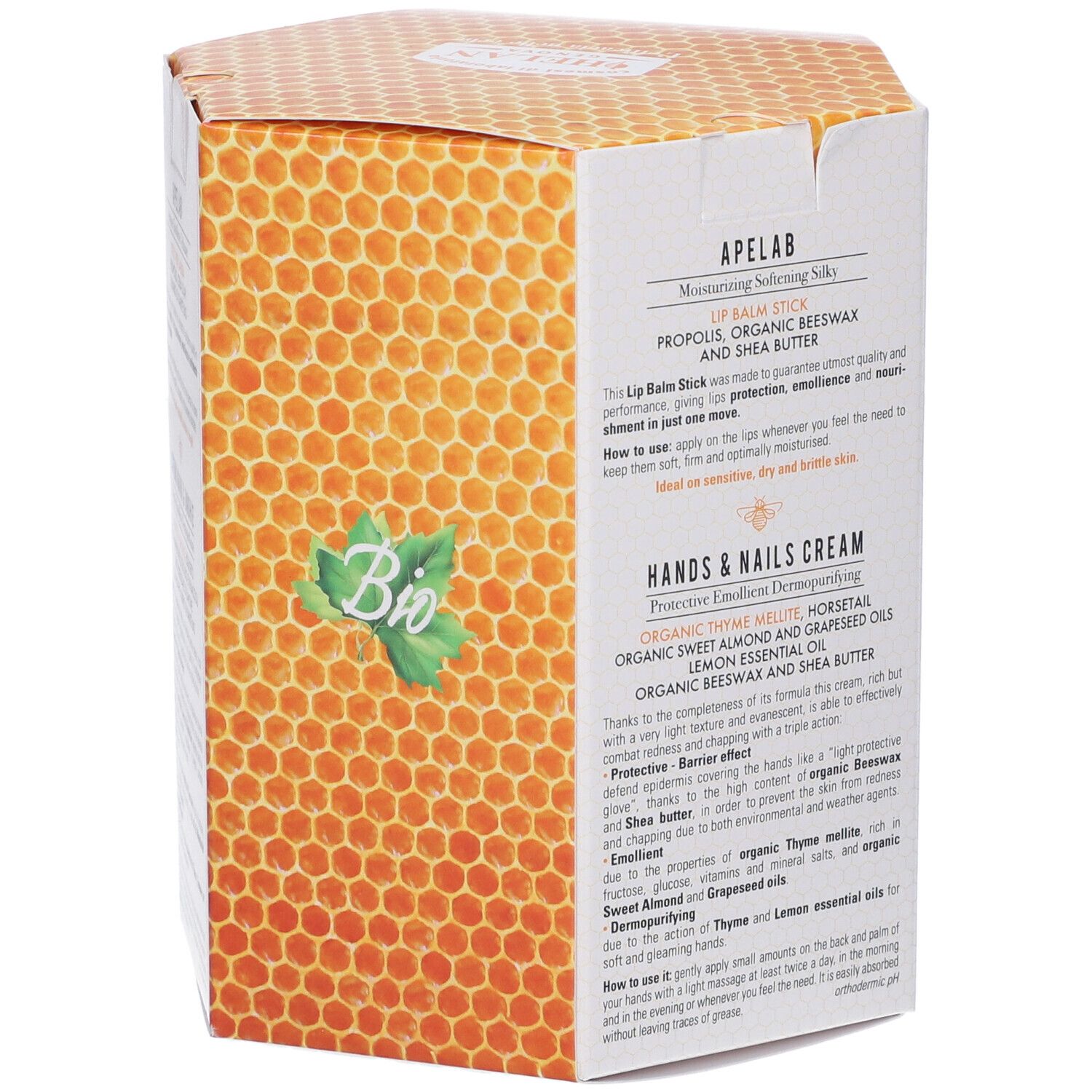 Retro della confezione regalo. Motivo a nido d'ape. Testo: Apelab, balsamo labbra. Crema mani. Sigillo bio.