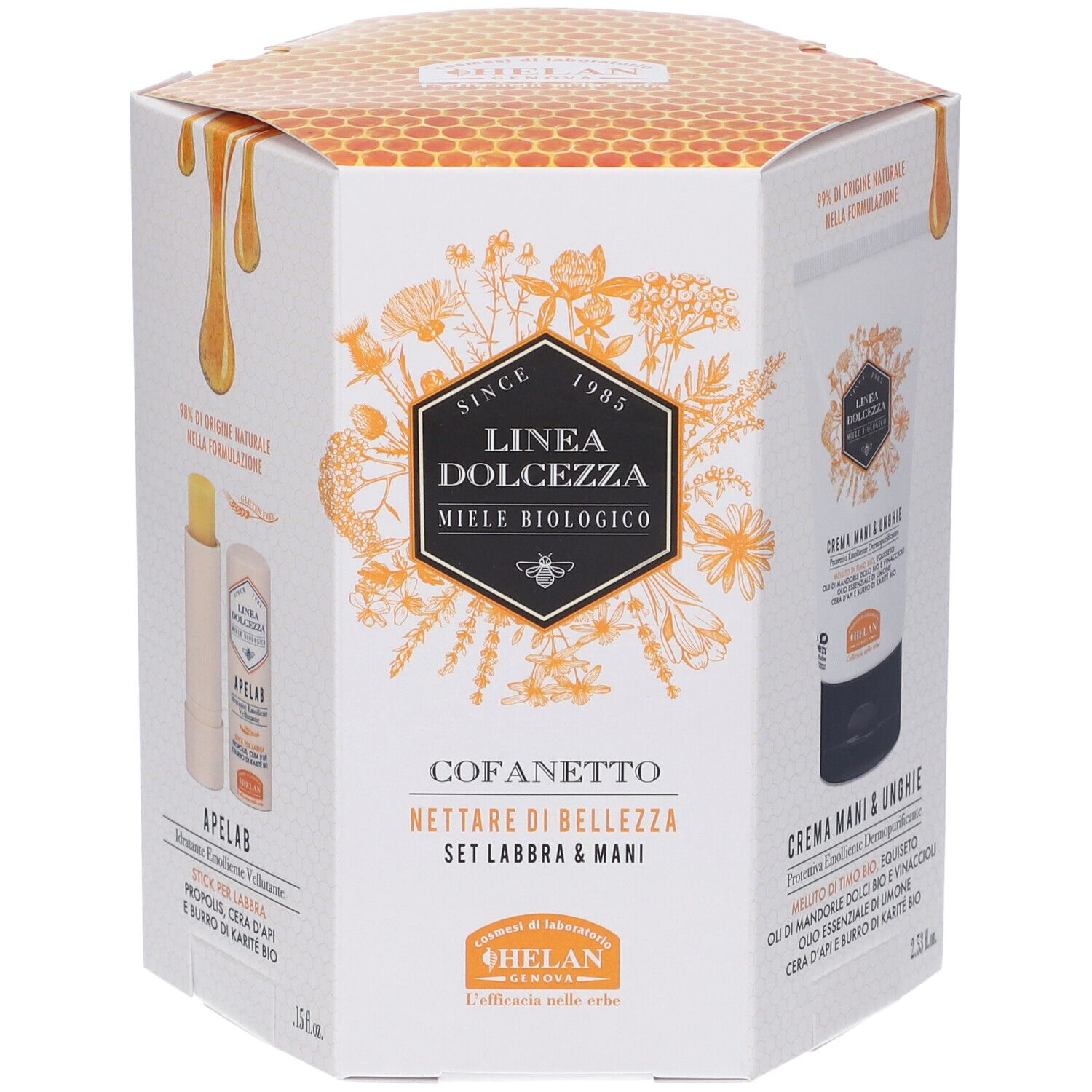 Confezione regalo con balsamo labbra e crema mani. Scritta: Linea Dolcezza, Miele Biologico. Set Labbra & Mani.
