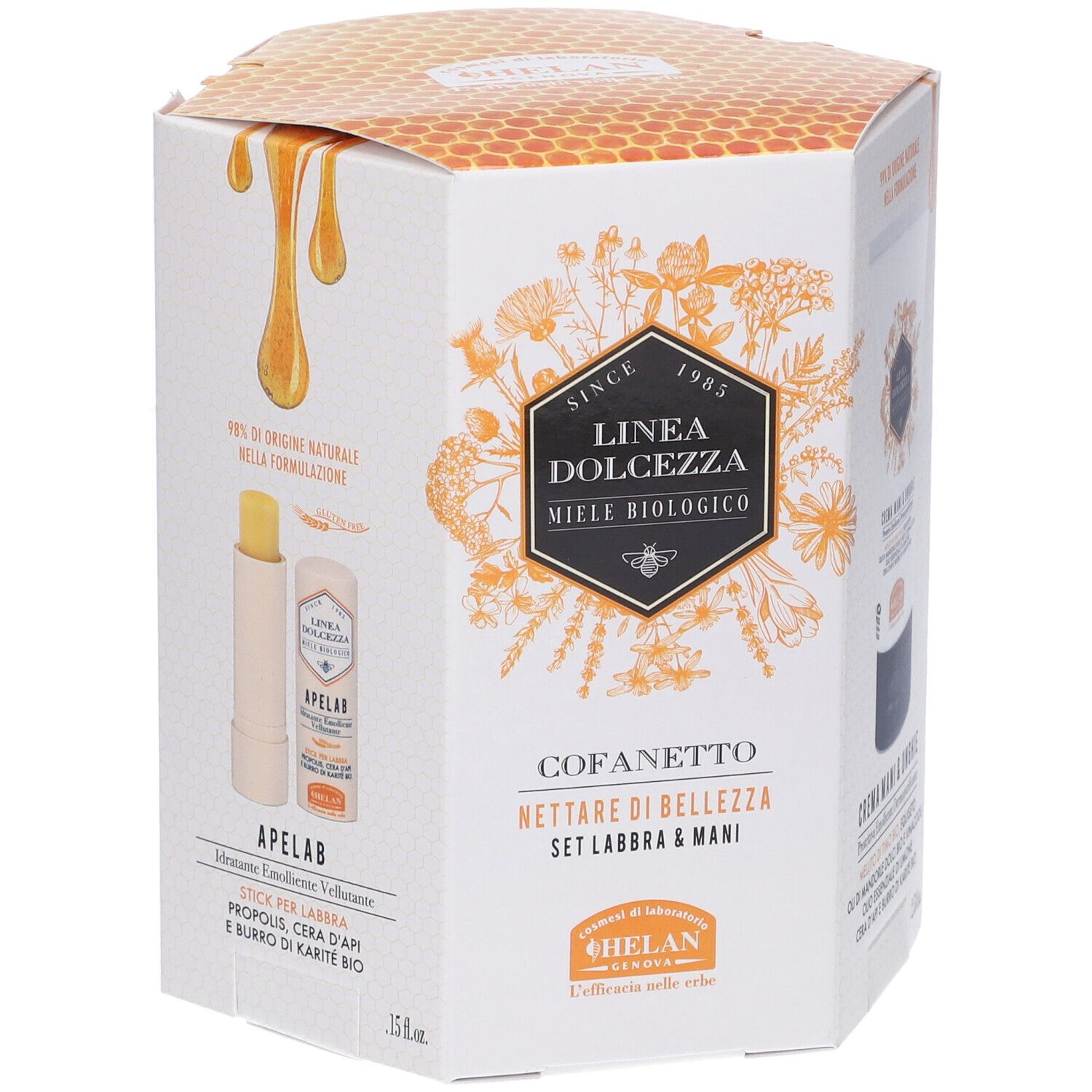 Confezione regalo con balsamo labbra e crema mani. Scritta: Linea Dolcezza, Miele Biologico. Set Labbra & Mani. 15 ml.