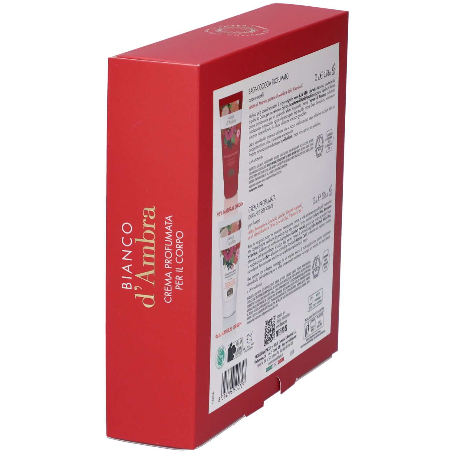 Confezione regalo rossa, vista laterale. Scritta: Bianco d'Ambra. Marchio Helan. Testo in italiano.