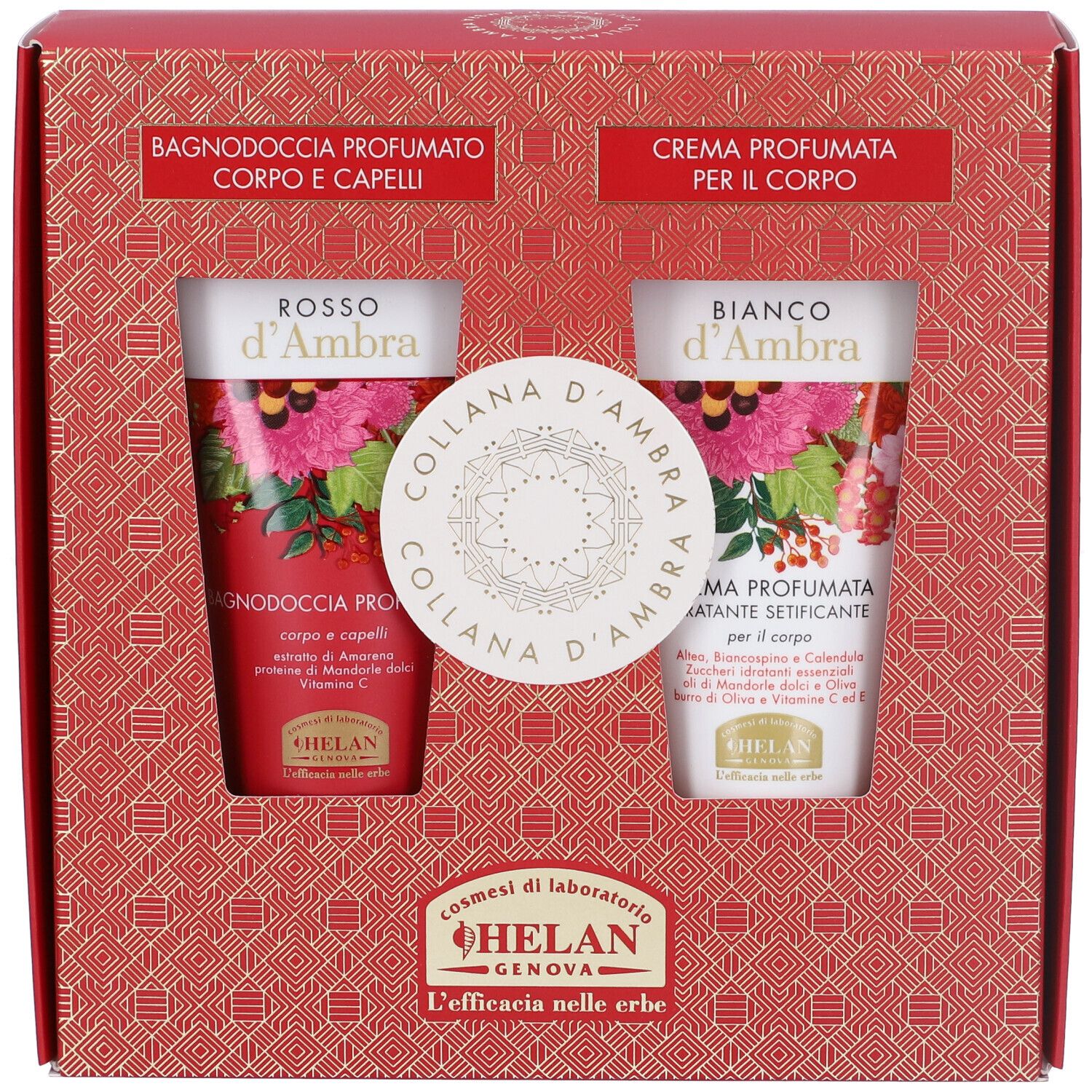 Confezione regalo rossa con due tubi e logo rotondo. Scritta: Collana d'Ambra. Marchio Helan.