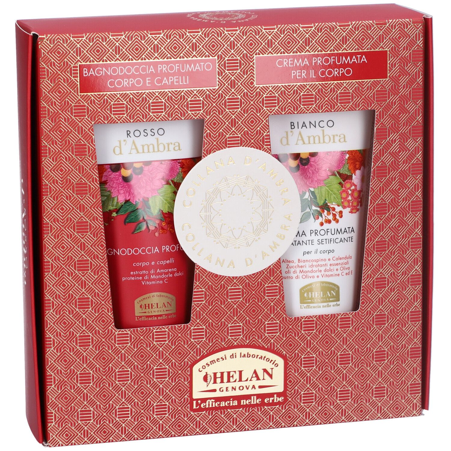Confezione regalo rossa con due tubi e logo rotondo. Scritta: Collana d'Ambra. Marchio Helan.