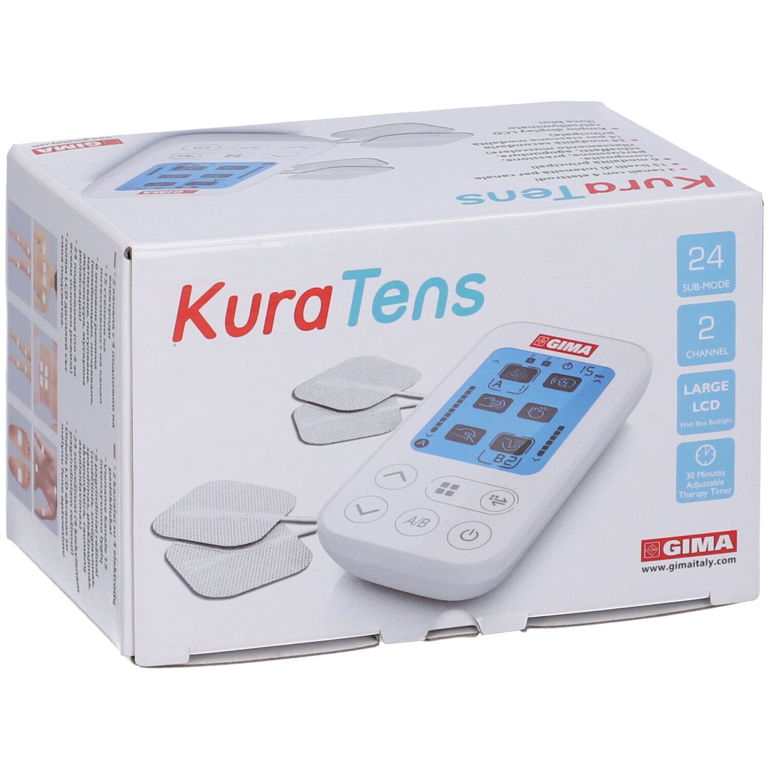 Scatola con un dispositivo TENS KuraTens, elettrodi e telecomando.
