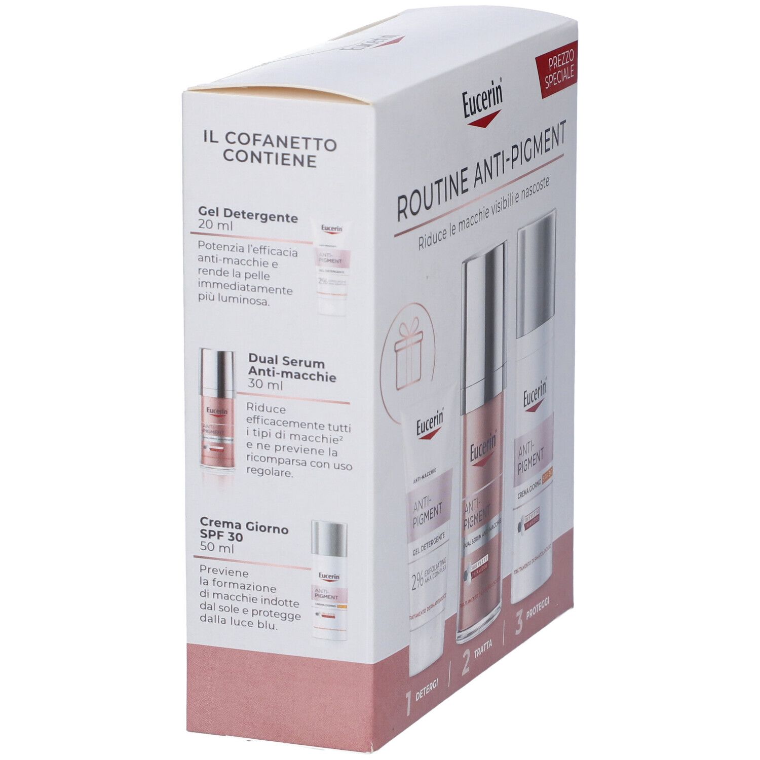 Vista laterale del set Eucerin Anti-Pigment. Include gel, siero e crema. Confezione con informazioni e logo del prodotto.