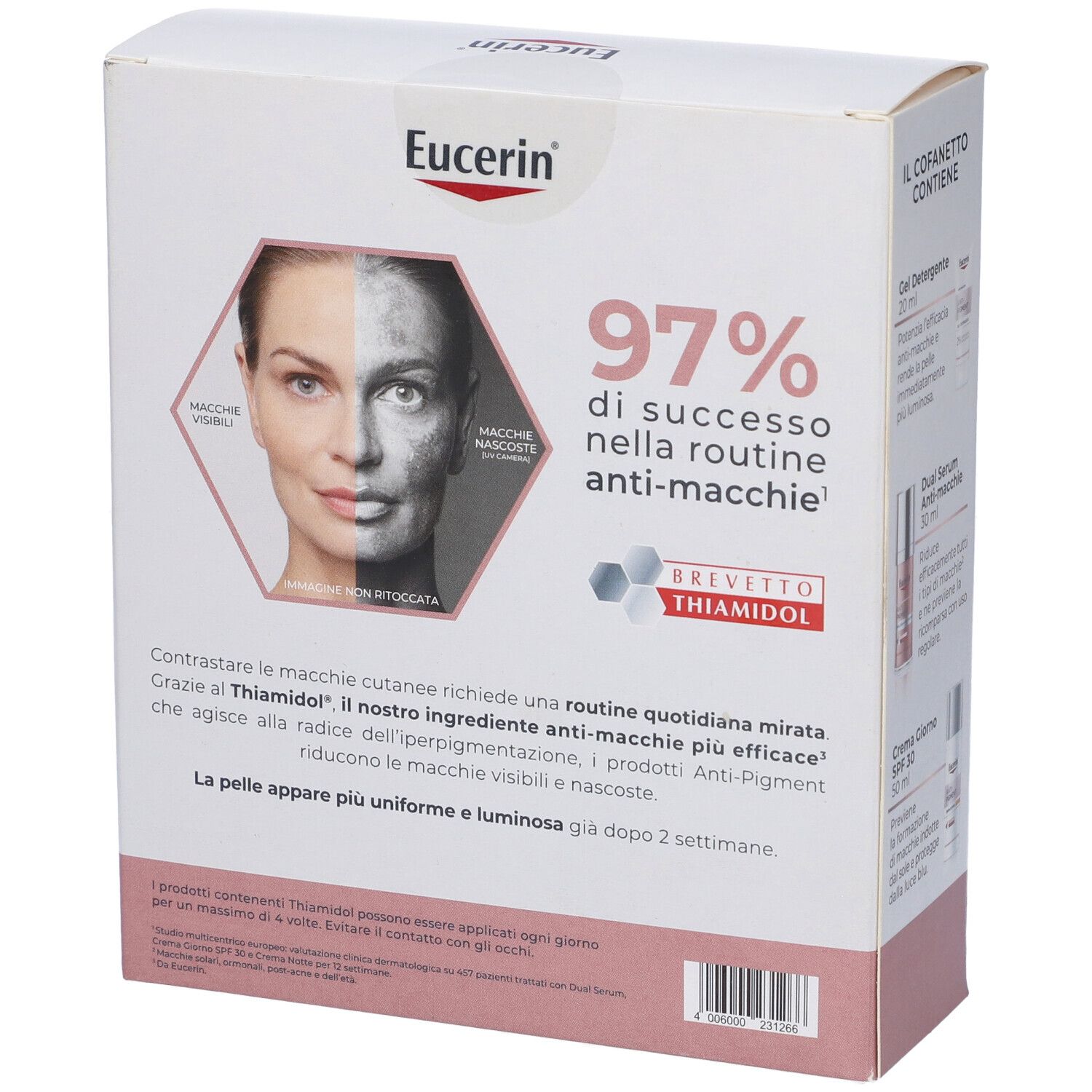 Retro della confezione Eucerin Anti-Pigment. Mostra una donna con immagini della pelle. Contiene informazioni e logo.