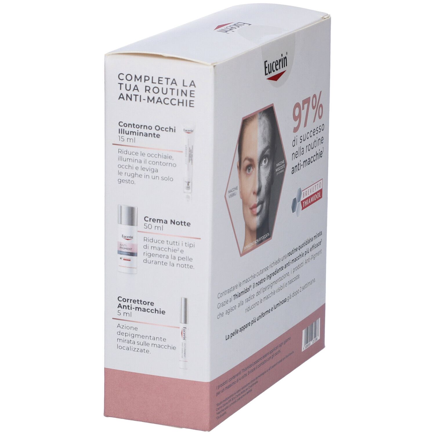 Retro della confezione Eucerin Anti-Pigment. Mostra una donna con immagini della pelle. Contiene informazioni e logo.