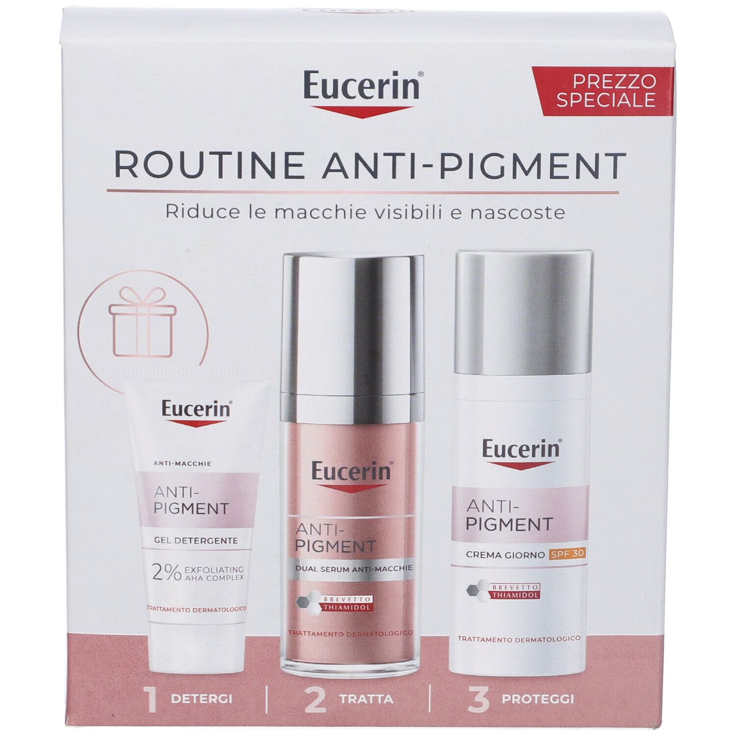 Set Eucerin Routine Anti-Pigment. Include gel, siero e crema. Confezione con nome e logo del prodotto. Colori rosa e bianco.