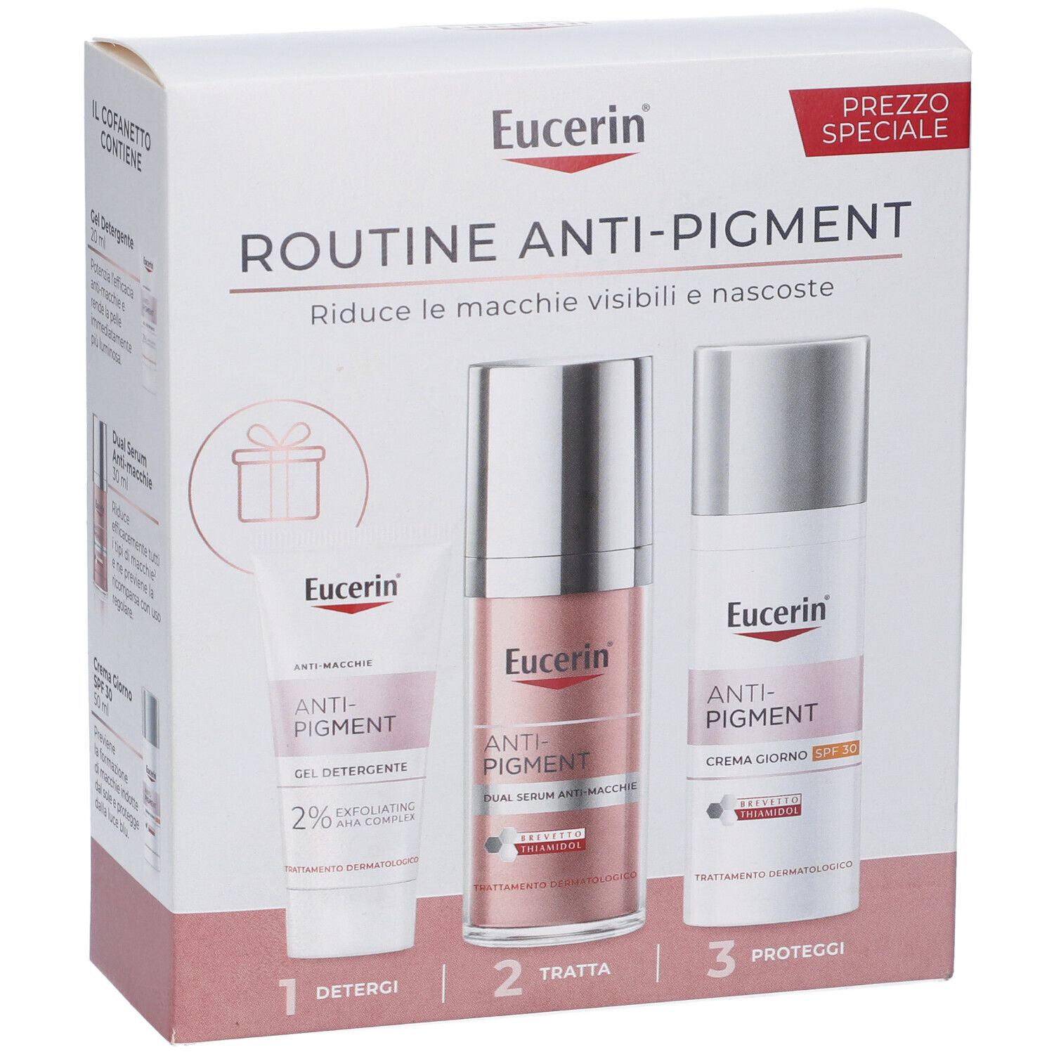 Set Eucerin Routine Anti-Pigment. Include gel, siero e crema. Confezione con nome e logo del prodotto. Colori rosa e bianco.