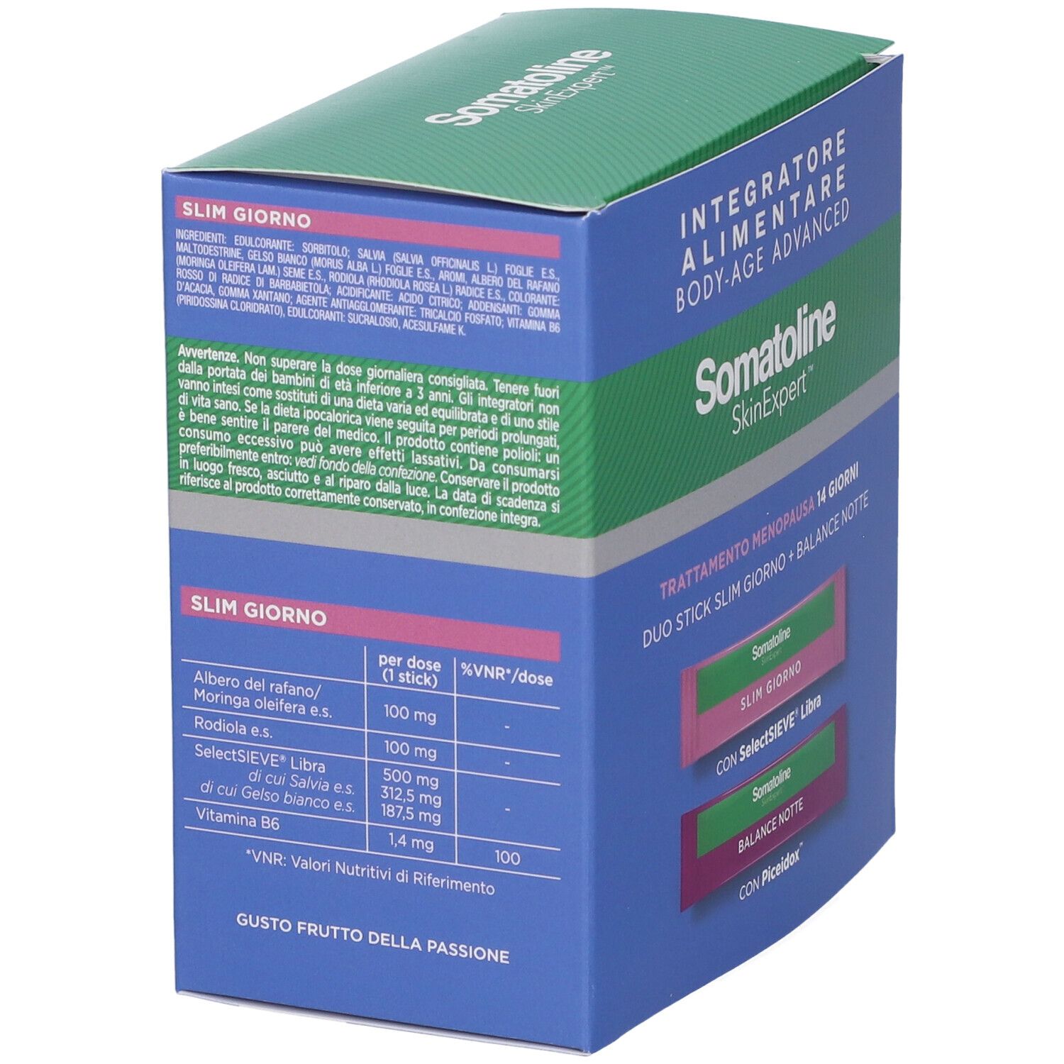 Vista laterale della scatola Somatoline SkinExpert. Contiene informazioni su Slim Giorno e valori nutrizionali. Testo in italiano.