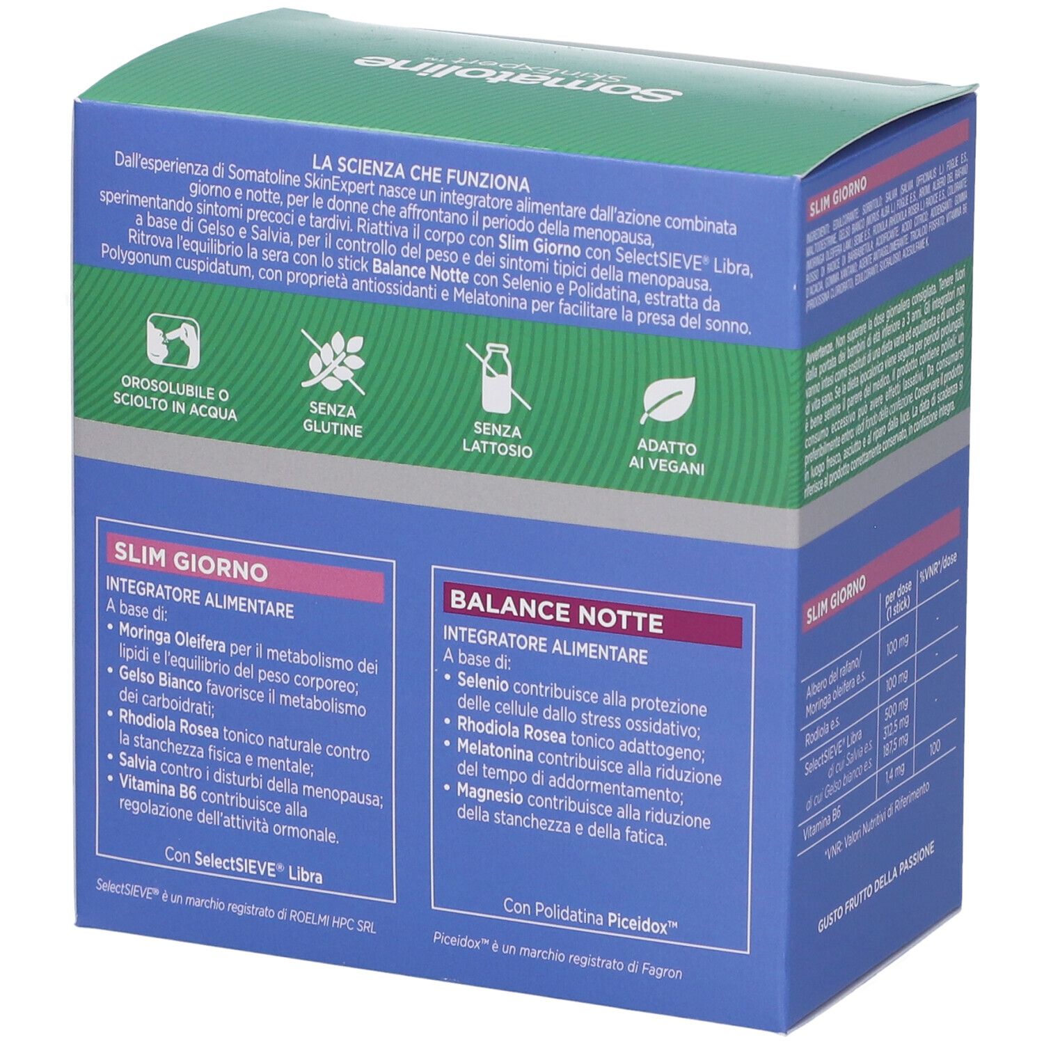 Retro della scatola Somatoline SkinExpert. Contiene informazioni su Slim Giorno e Balance Notte. Testo in italiano.