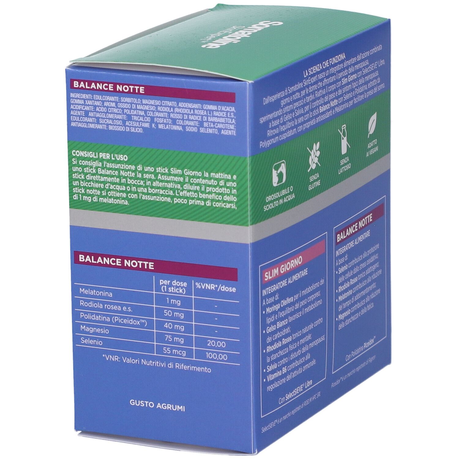 Retro della scatola Somatoline SkinExpert. Contiene informazioni su Balance Notte e valori nutrizionali. Testo in italiano.