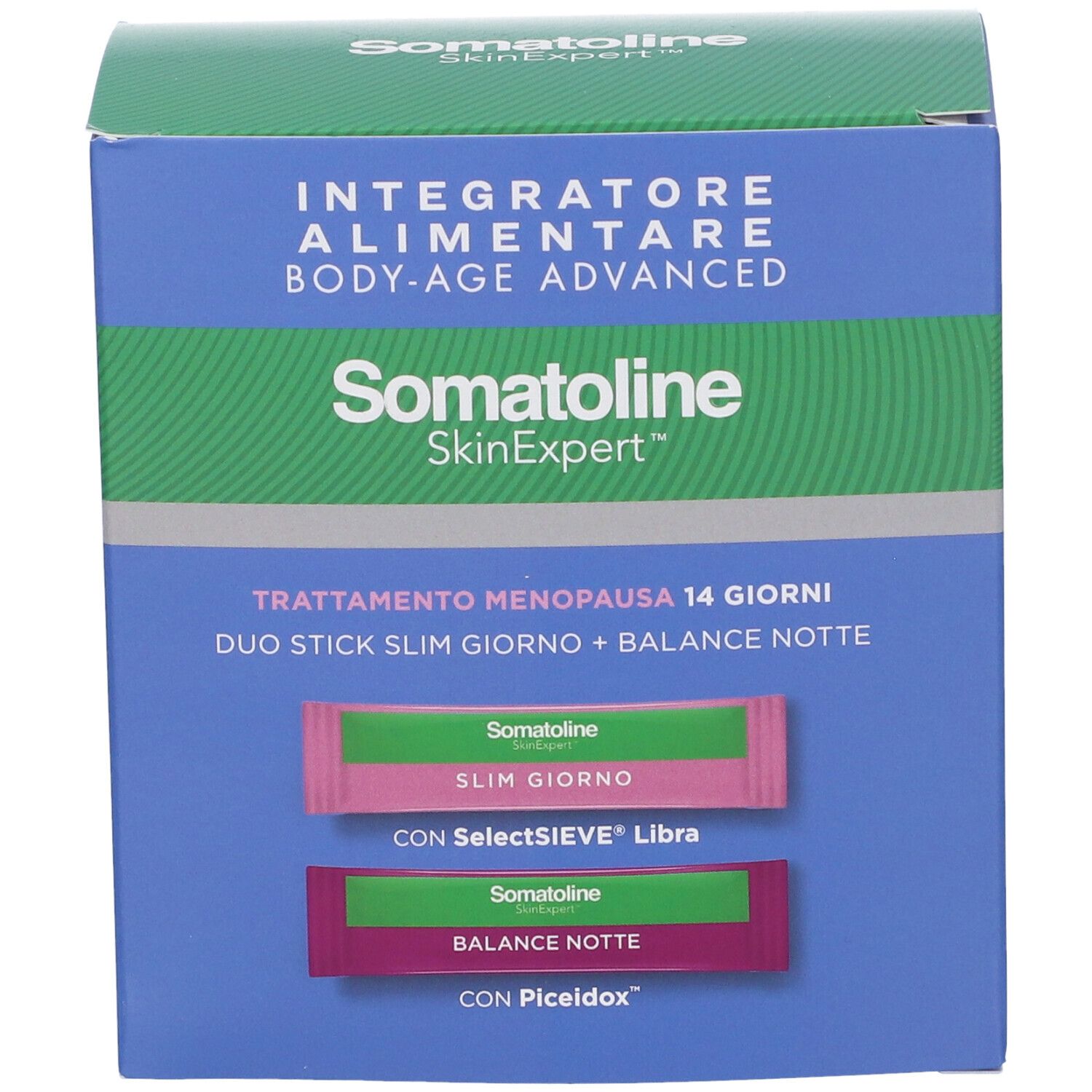 Vista frontale della scatola Somatoline SkinExpert. Contiene stick Slim Giorno e Balance Notte. Testo in italiano.