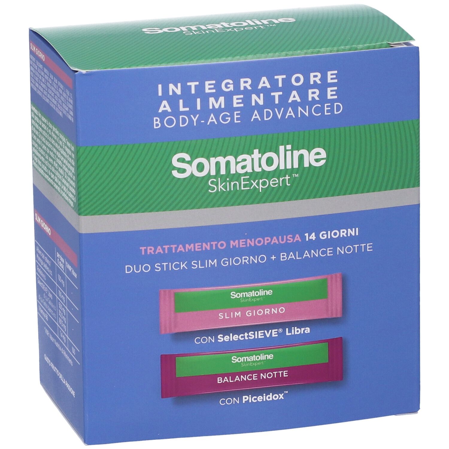 Vista frontale della scatola Somatoline SkinExpert. Contiene stick Slim Giorno e Balance Notte. Testo in italiano.