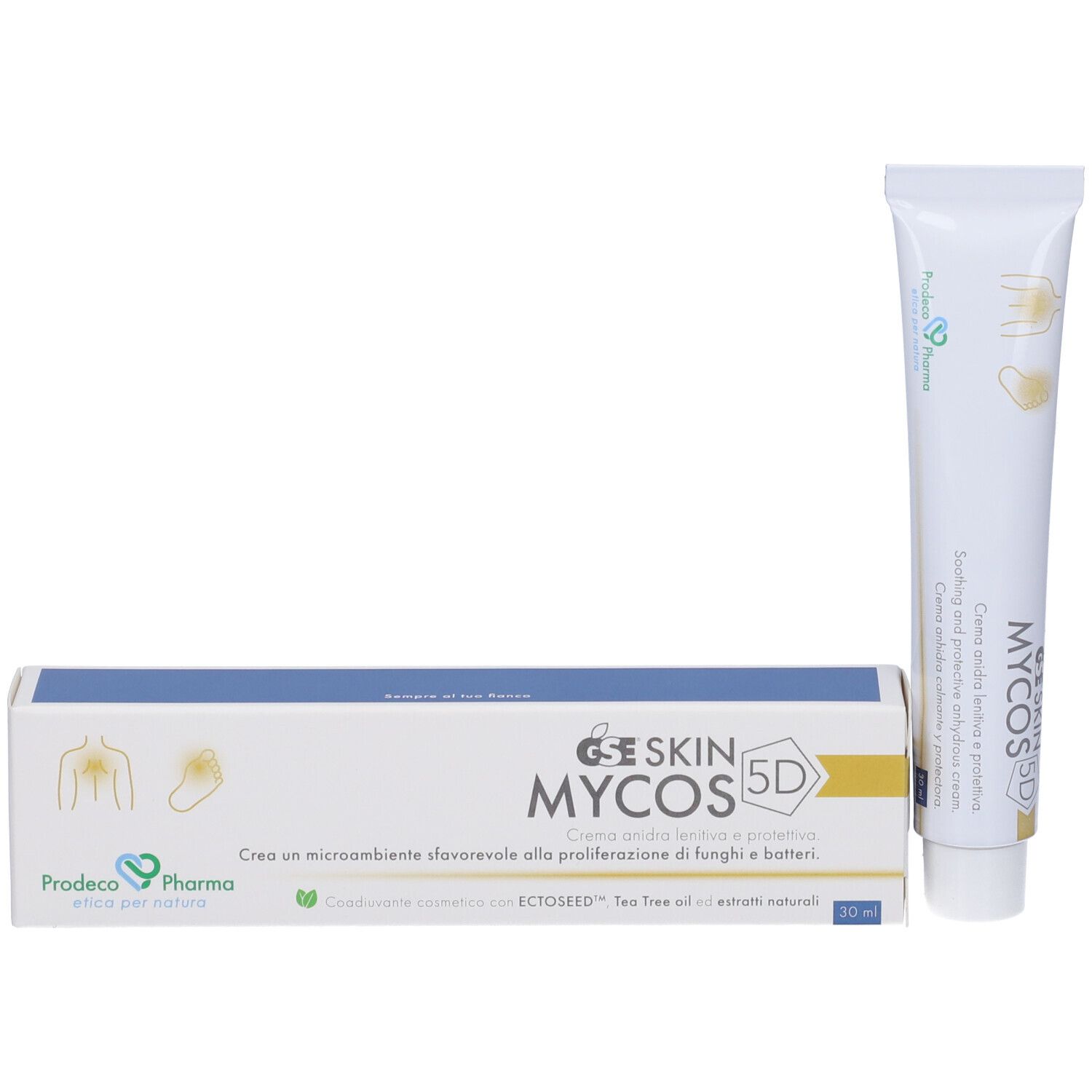 Confezione e tubo del prodotto. Scritta MYCOS 5D, GSE SKIN. Confezione blu e bianca. 30 ml.