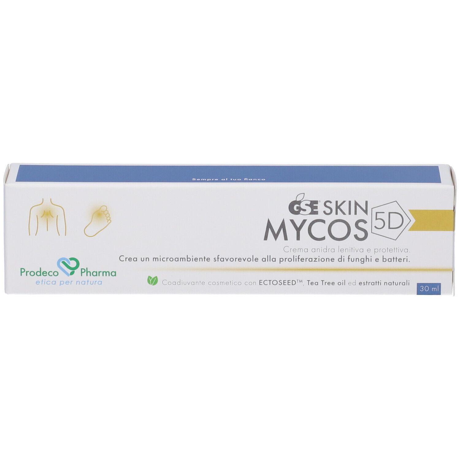 Confezione del prodotto. Scritta MYCOS 5D, GSE SKIN. Confezione blu e bianca. 30 ml.