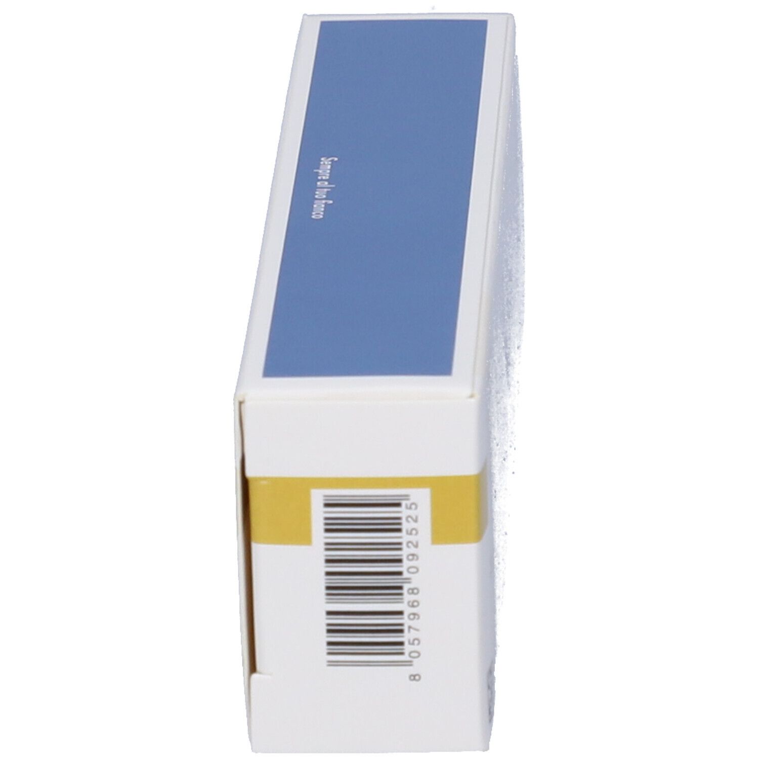 Vista laterale della confezione del prodotto. Codice a barre. Testo.