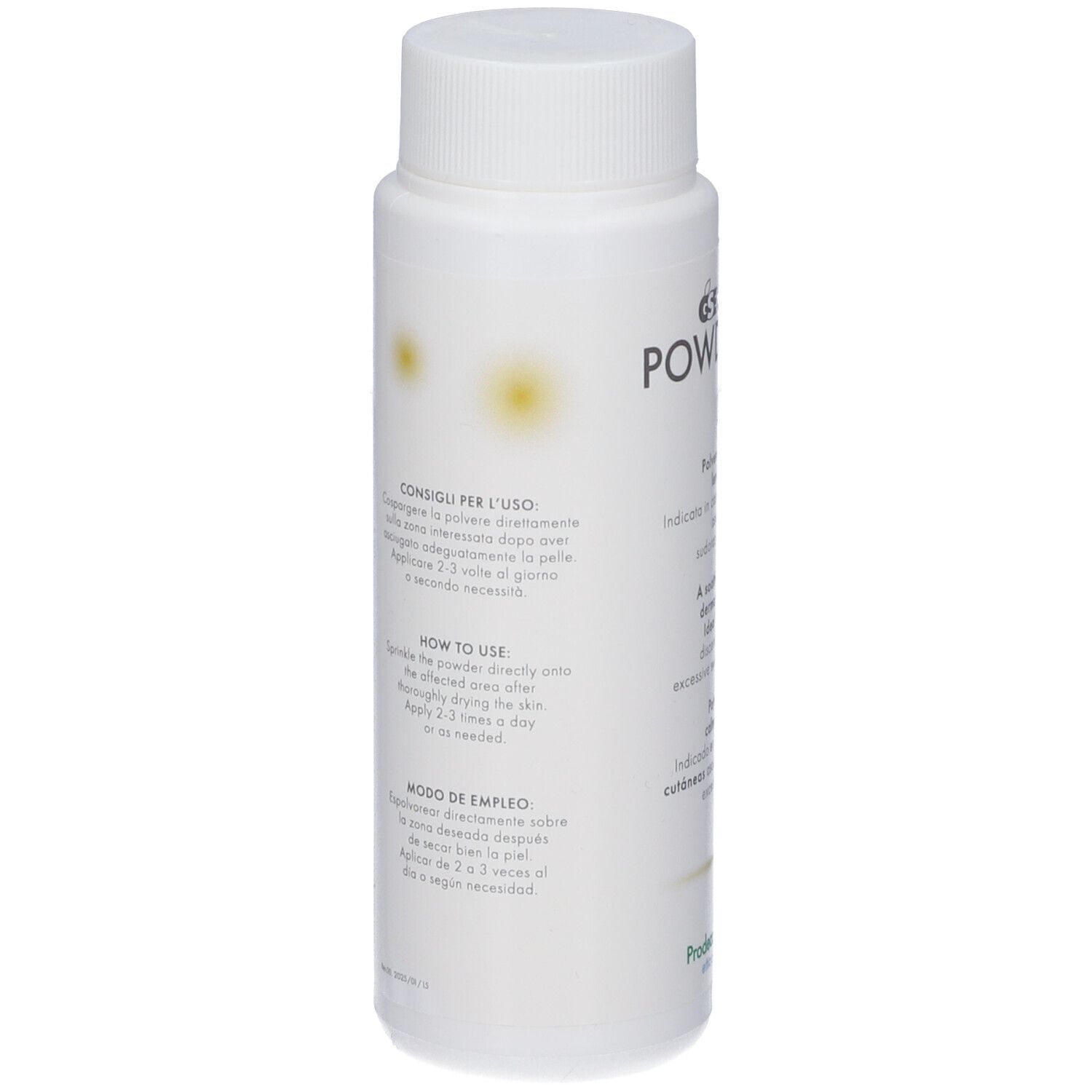 Flacone bianco con testo. Iscrizioni: Consigli per l'uso, How to use, Modo de empleo. Marchio Prodeco Pharma.