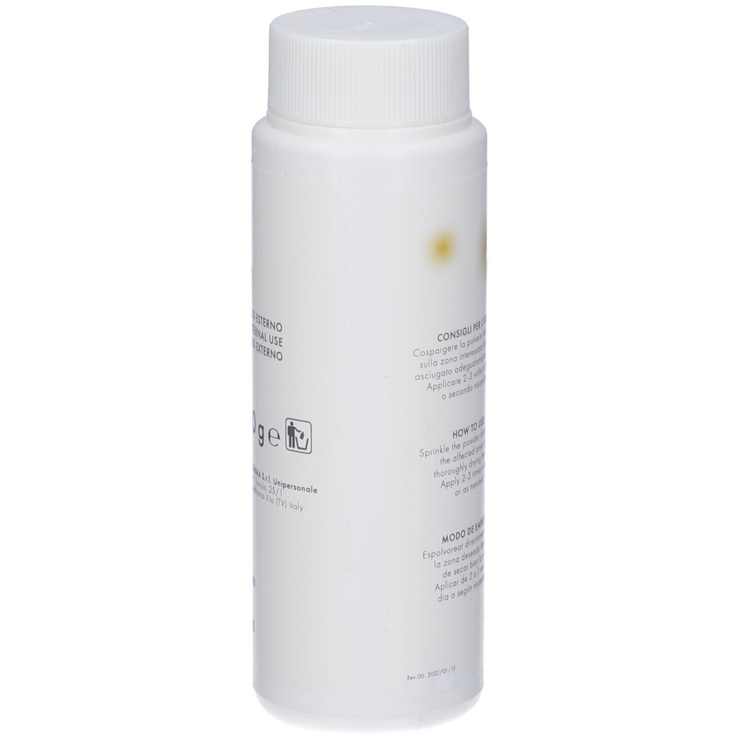 Flacone bianco con testo. Iscrizioni: Uso esterno, How to use, Modo de empleo. Marchio Prodeco Pharma.