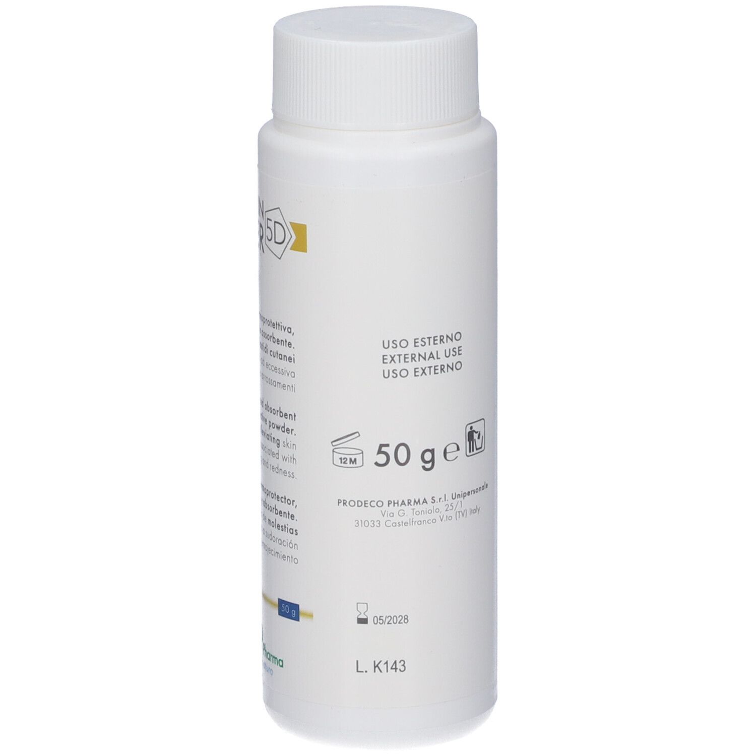 Flacone bianco con etichetta. Iscrizioni: GSE SKIN POWDER 5D, 50 g, Uso esterno. Marchio Prodeco Pharma.