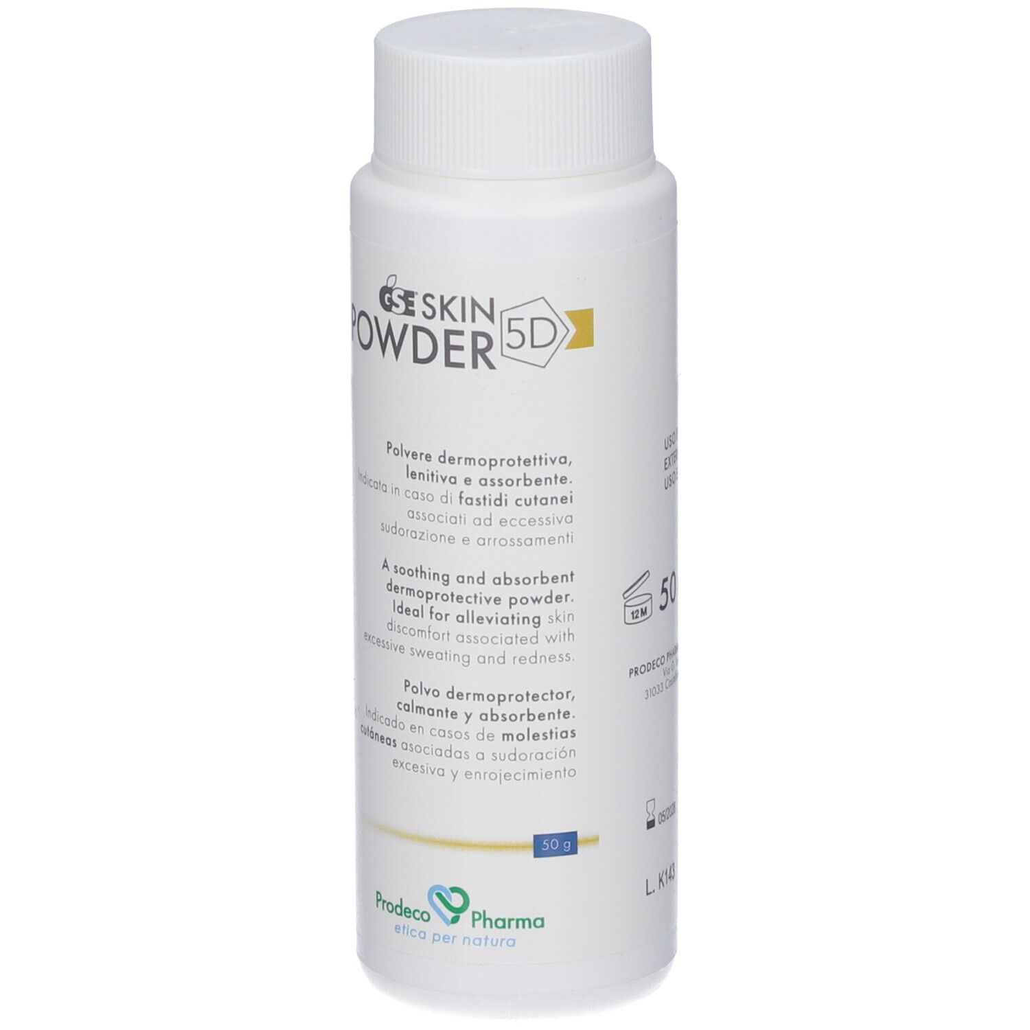 Flacone bianco con etichetta. Iscrizione: GSE SKIN POWDER 5D. Marchio Prodeco Pharma. Testo in italiano e inglese.