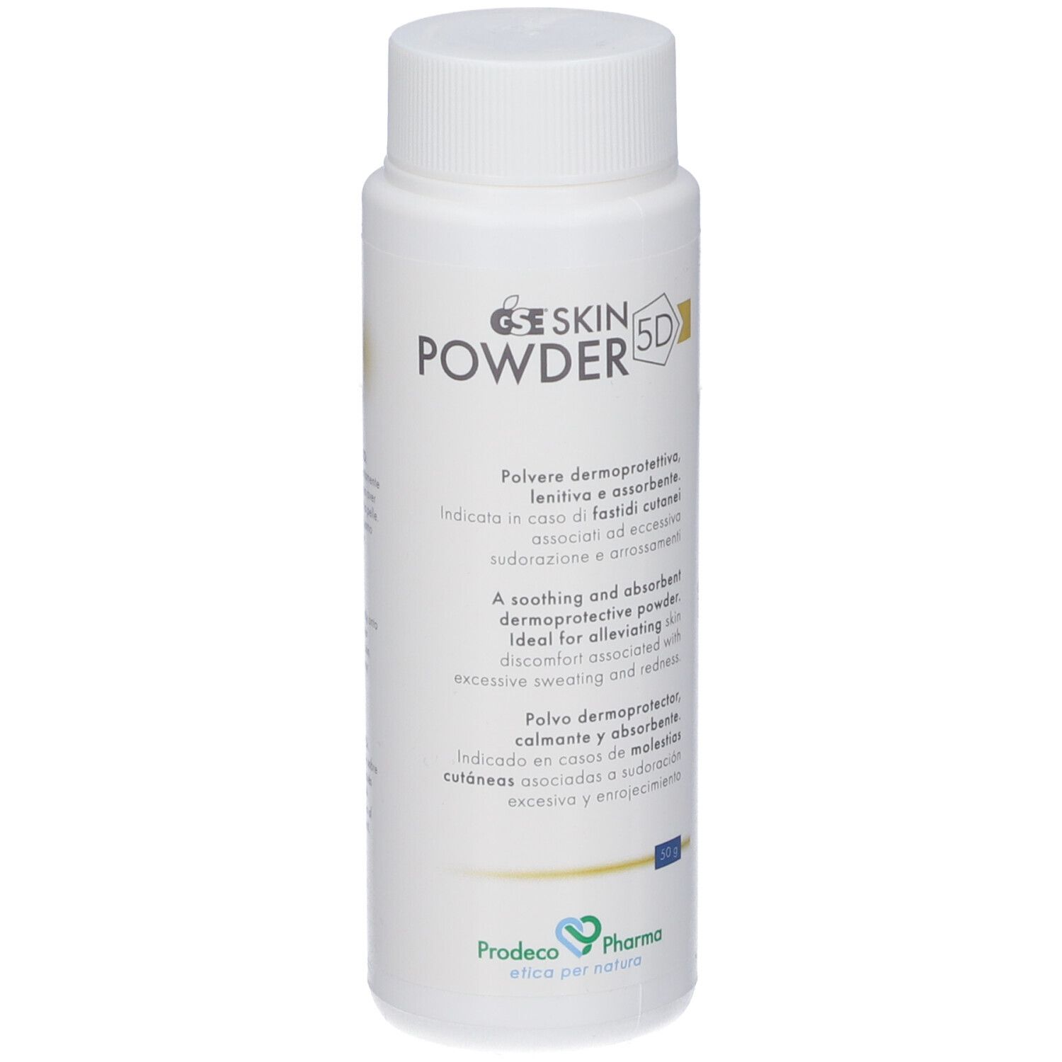 Flacone bianco con etichetta. Iscrizione: GSE SKIN POWDER 5D. Marchio Prodeco Pharma. Testo in italiano e inglese.