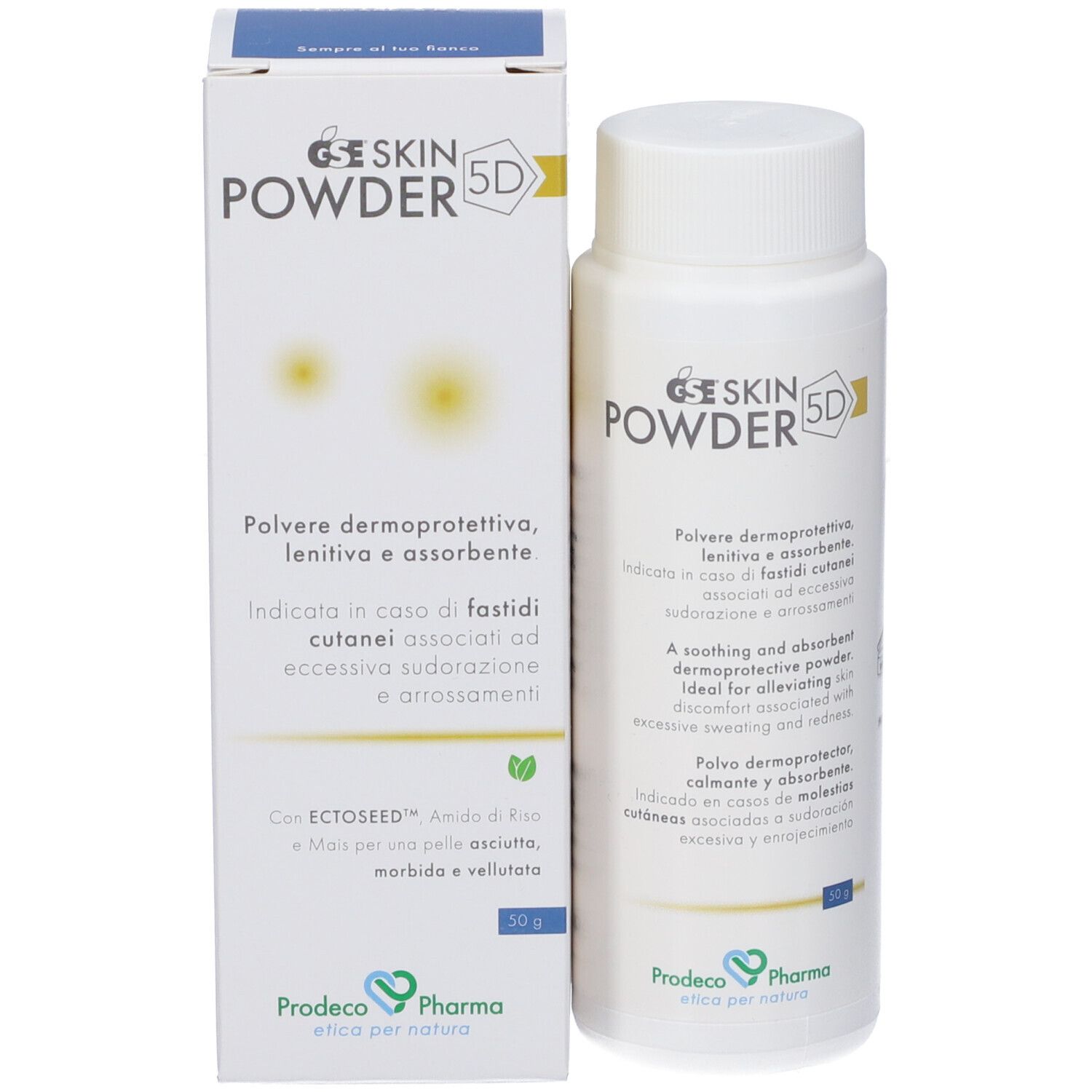 Confezione del prodotto con flacone. Iscrizione: GSE SKIN POWDER 5D. Marchio Prodeco Pharma. Testo in italiano e inglese.