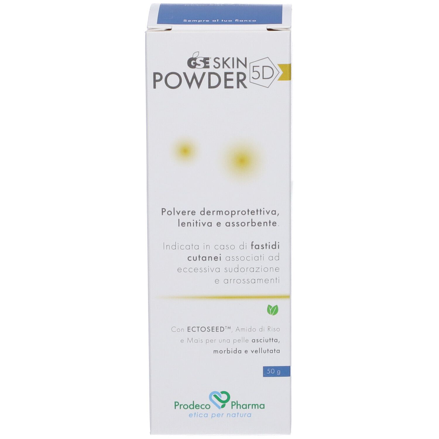 Confezione del prodotto. Iscrizione: GSE SKIN POWDER 5D. Marchio Prodeco Pharma. Testo in italiano e inglese.