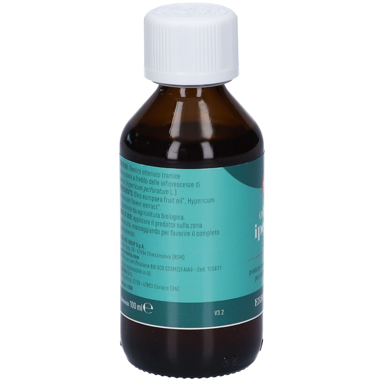 Flacone in vetro marrone con tappo bianco. Etichetta con informazioni sul prodotto. Contiene: Hypericum perforatum. Volume: 100 ml.
