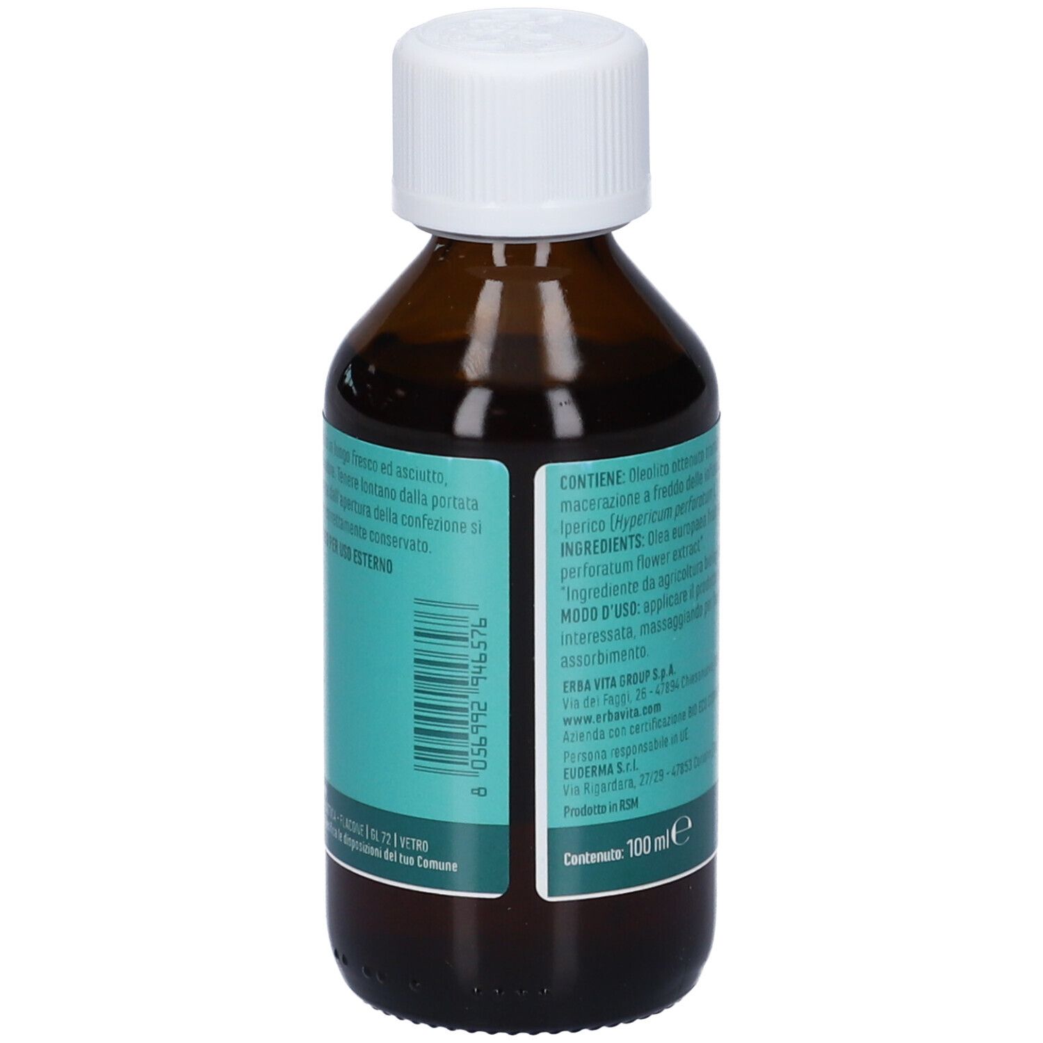 Flacone in vetro marrone con tappo bianco. Etichetta con informazioni sul prodotto. Contiene: Hypericum perforatum. Volume: 100 ml.