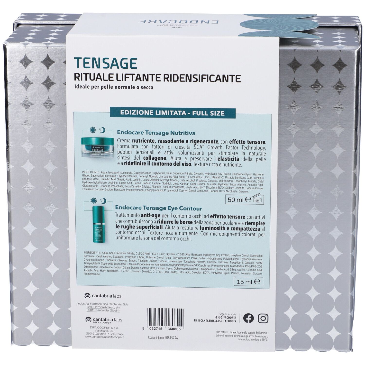 Retro del cofanetto regalo. Testo: Endocare Tensage Rituale Liftante Ridensificante. Ingredienti e immagini dei prodotti.