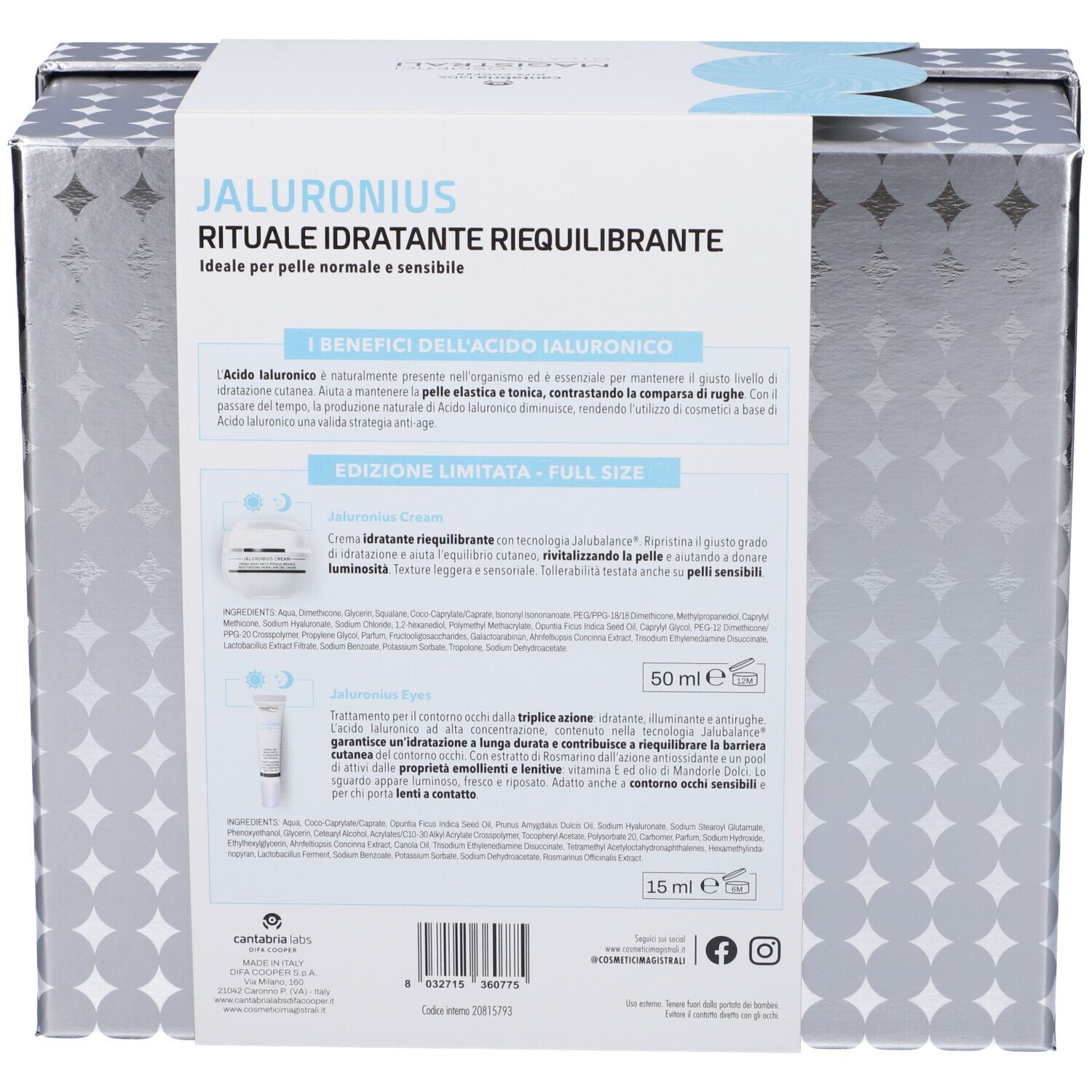 Retro del cofanetto. Testo con informazioni sul prodotto e ingredienti. Logo e nome del prodotto presenti.