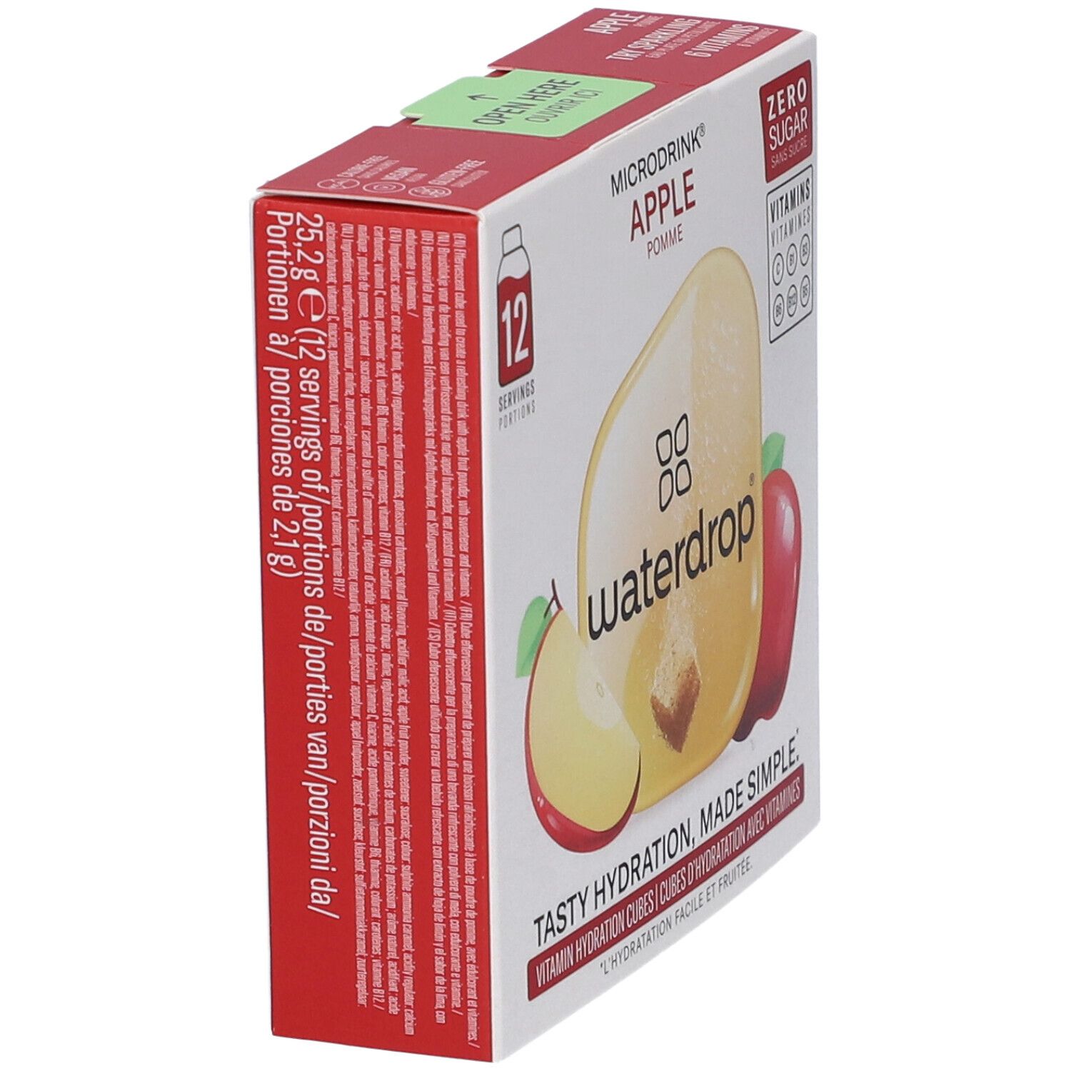 Vista obliqua della confezione. Scritte: 12 porzioni, mela, Zero Sugar, vitamine. Marchio: waterdrop. Testo multilingue.