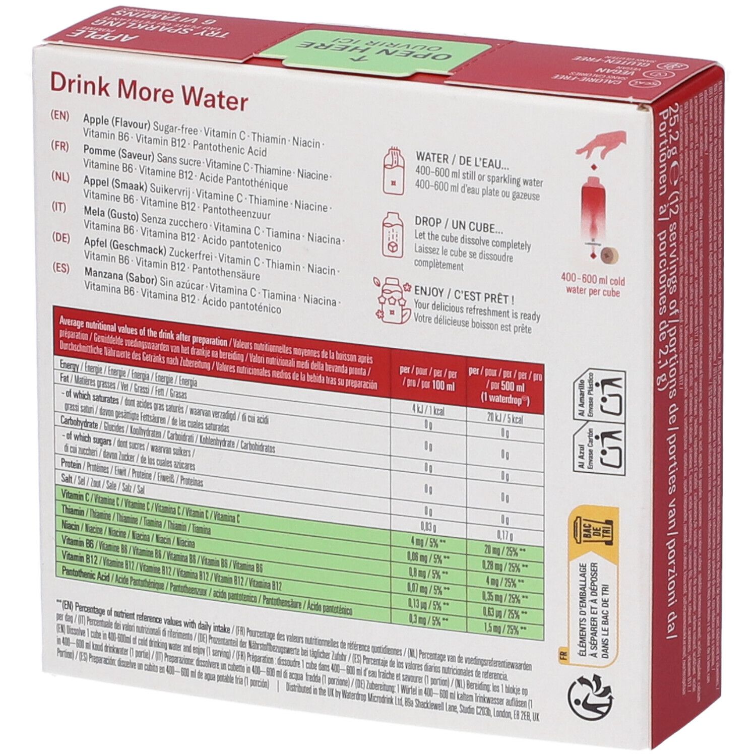 Retro della confezione. Contiene informazioni nutrizionali e istruzioni. Testo multilingue. Immagine: bicchiere con liquido.