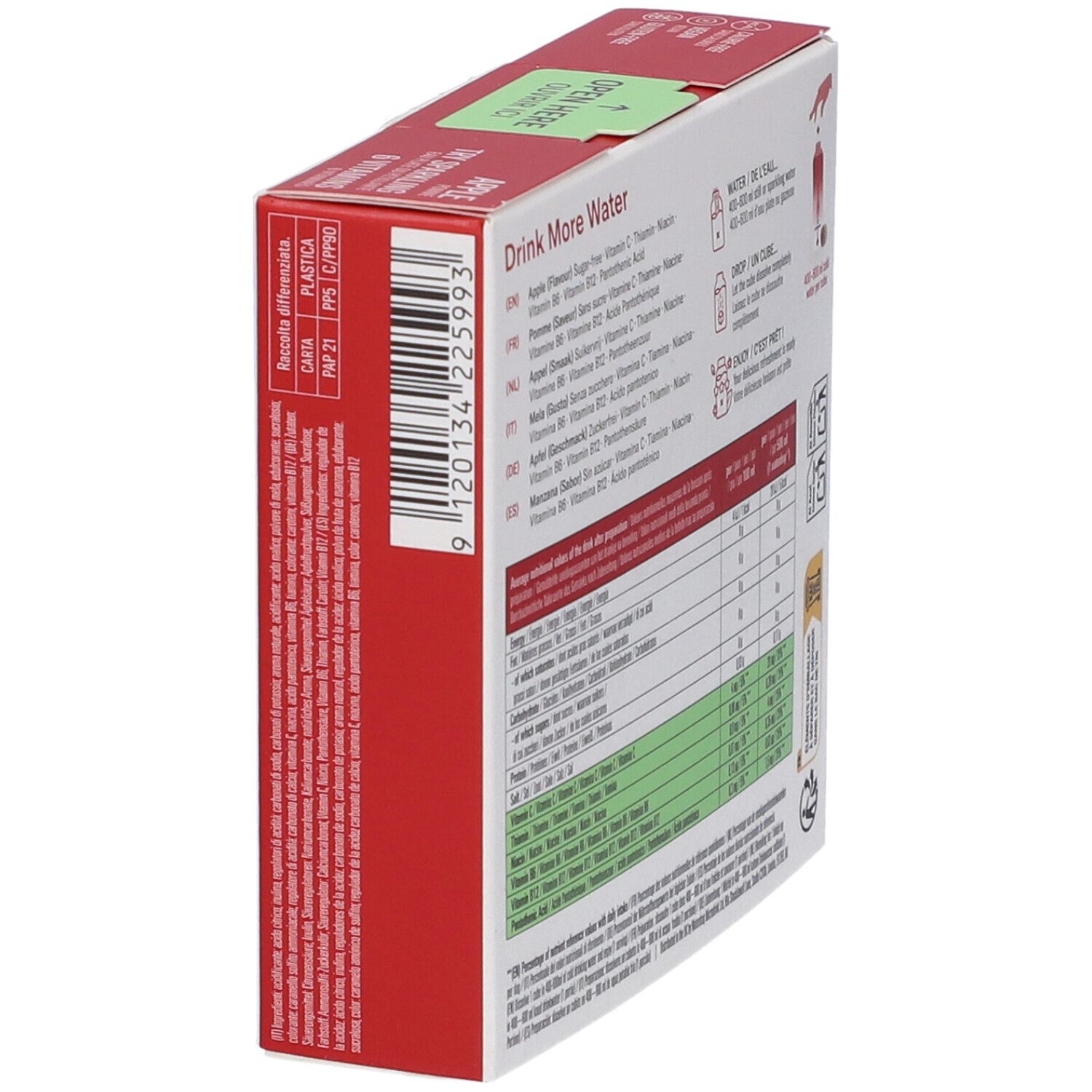 Vista obliqua della confezione. Scritte: informazioni nutrizionali, istruzioni. Testo multilingue. Codice a barre.