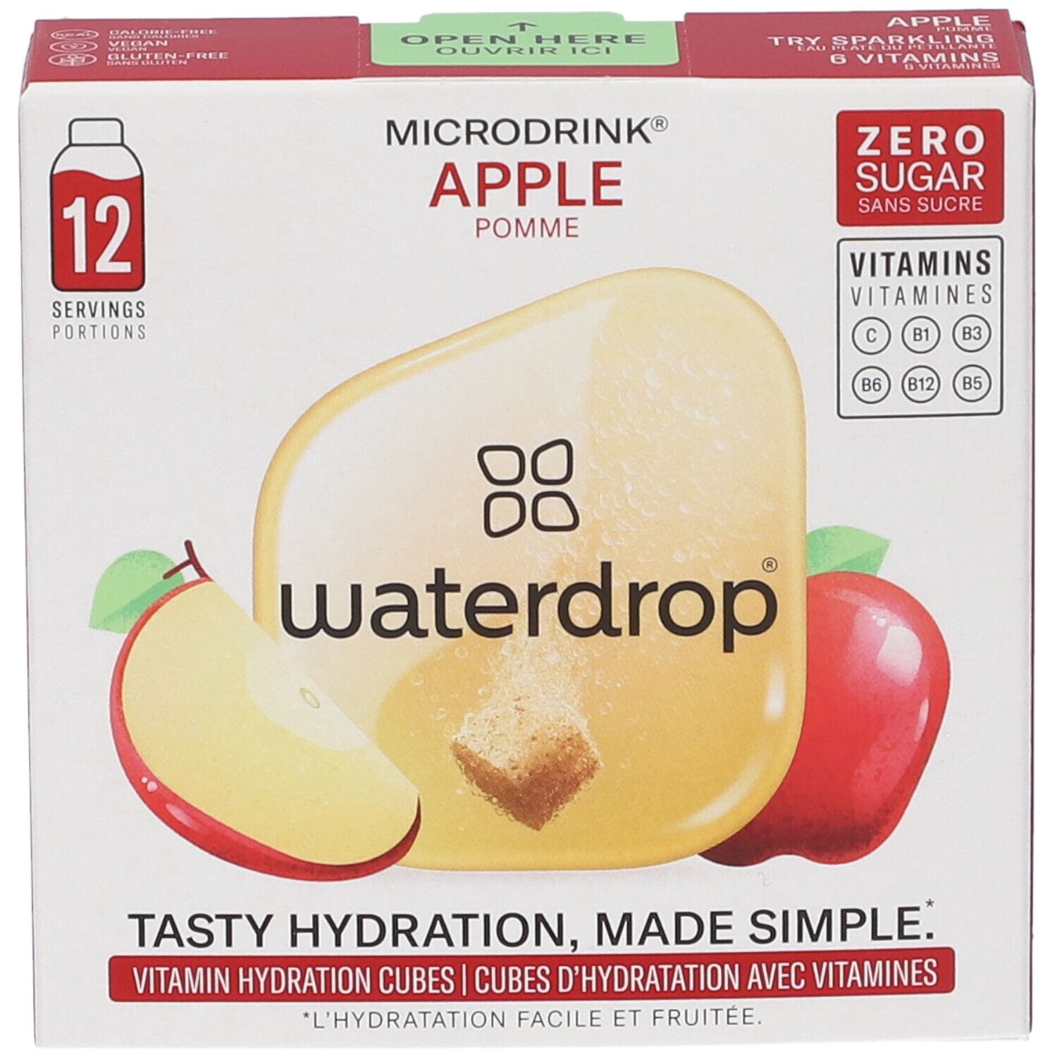 Confezione da 12 porzioni. Gusto mela. Contiene vitamine. Scritta: Zero Sugar. Marchio: waterdrop. Immagine: mela e cubo.