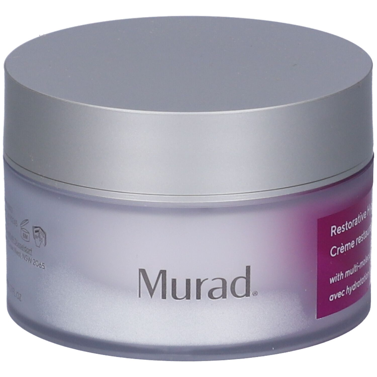Vaso di crema con coperchio argentato. L'etichetta riporta "Murad" e "Restorative Hydro-Hyaluronic Cream".